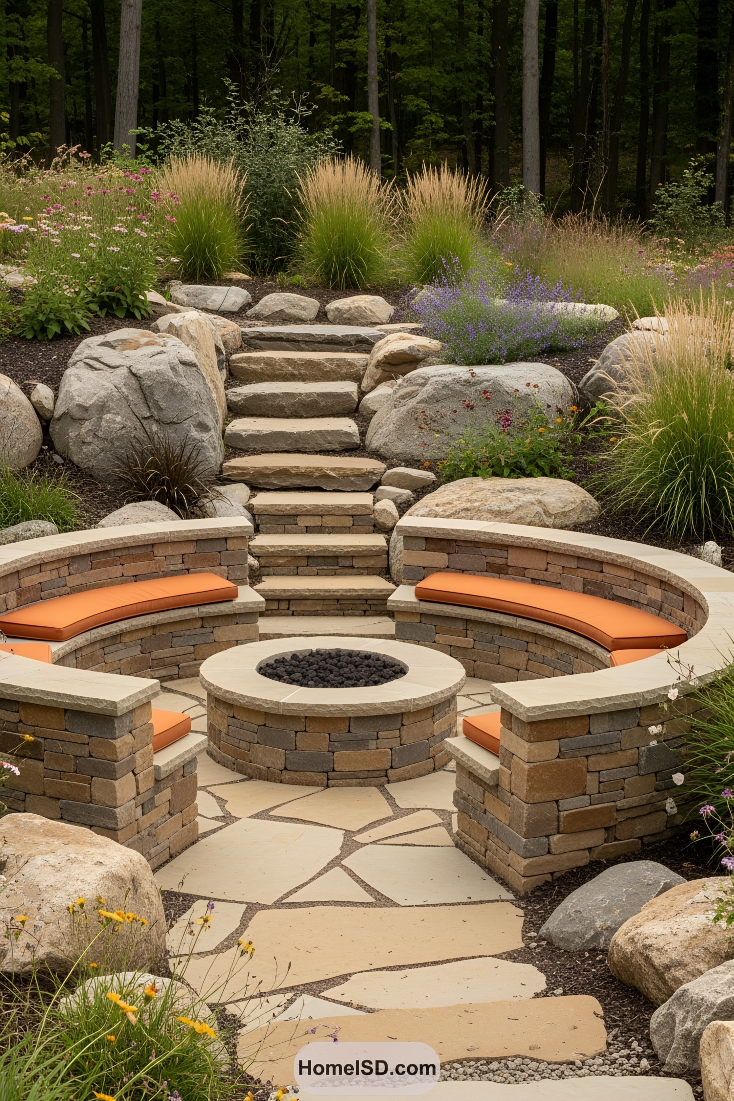 Inviting fire pit with curved stone seating
