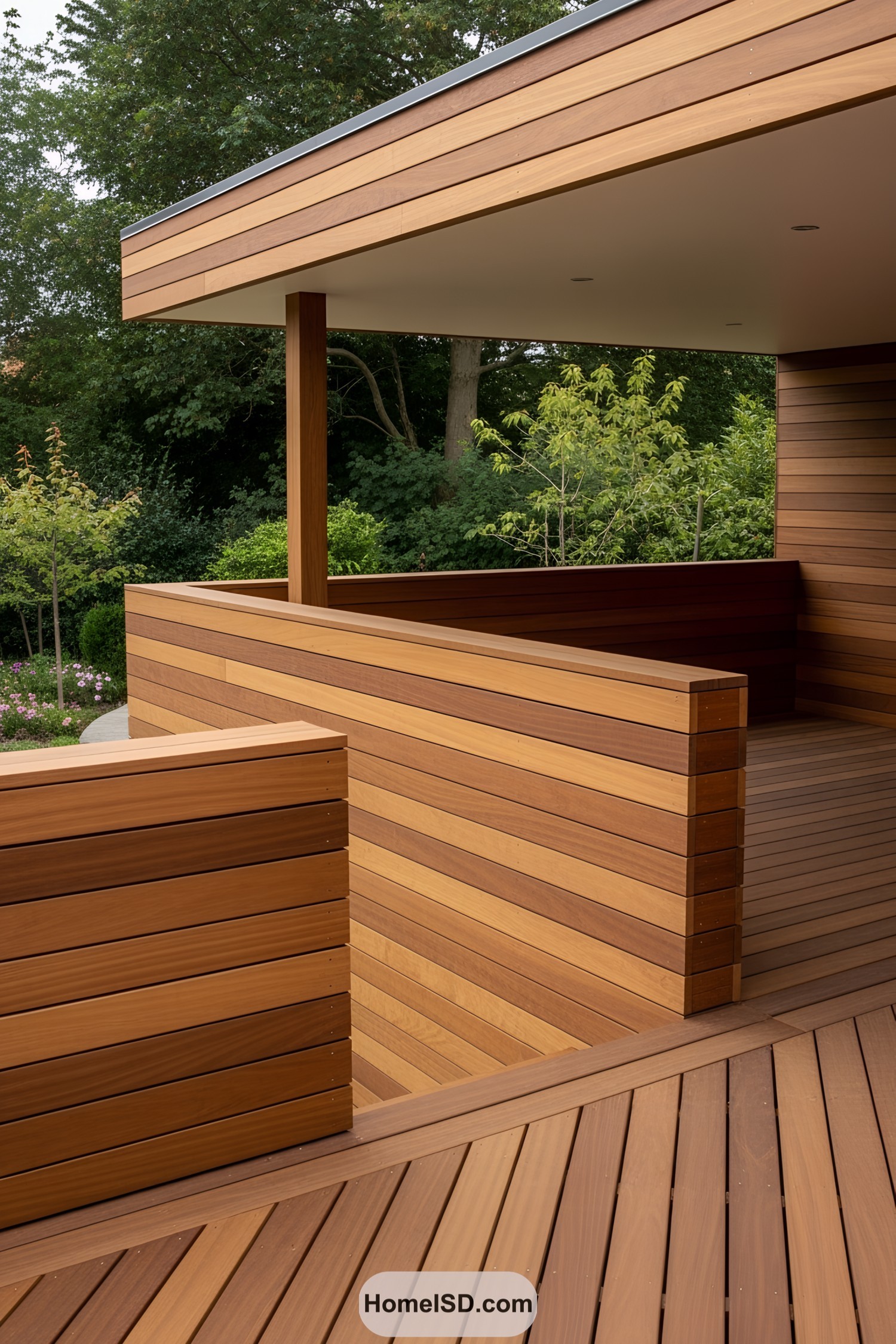 Contemporary wooden deck with sleek railing