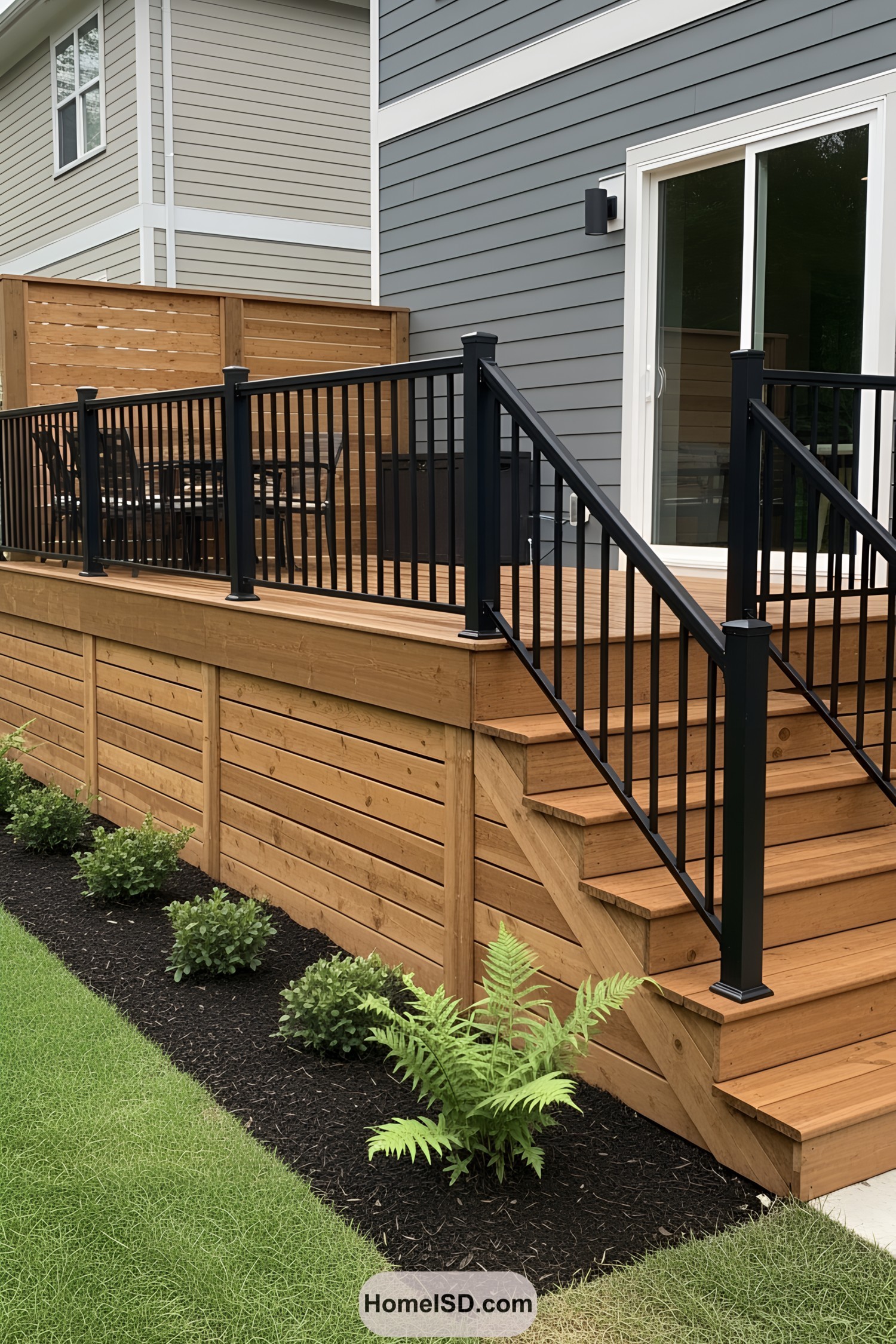 Wooden skirting around a deck with sleek black railings