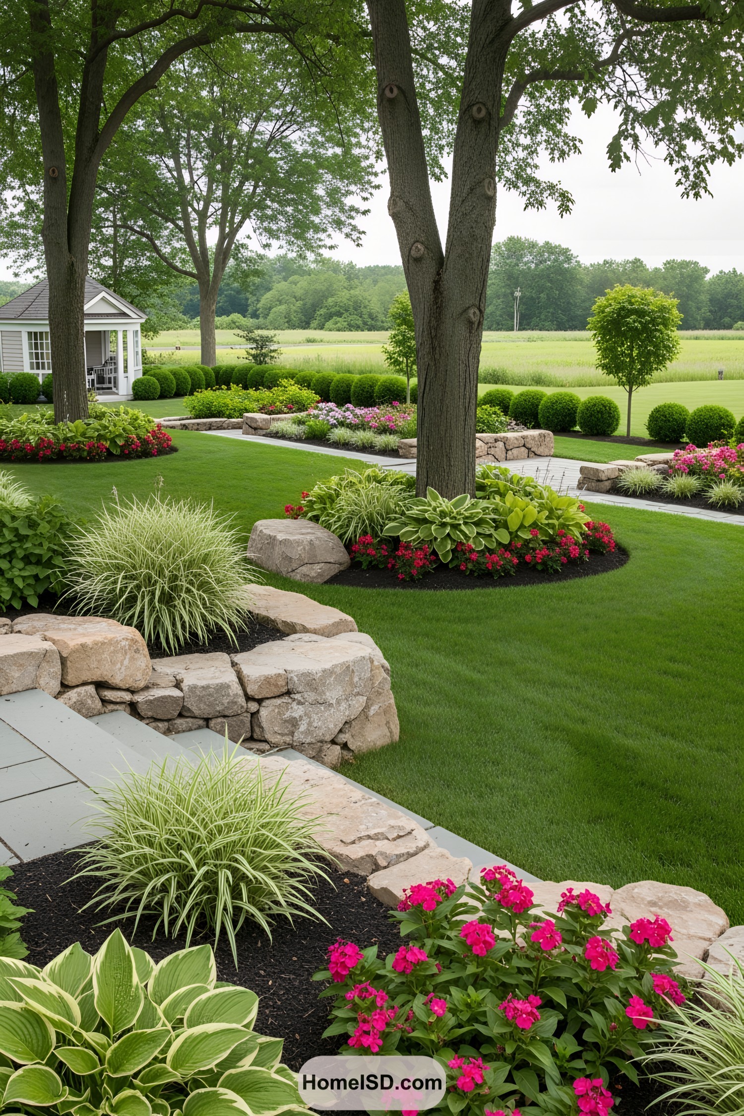 Lush landscape with boulders, trees, and colorful flowers