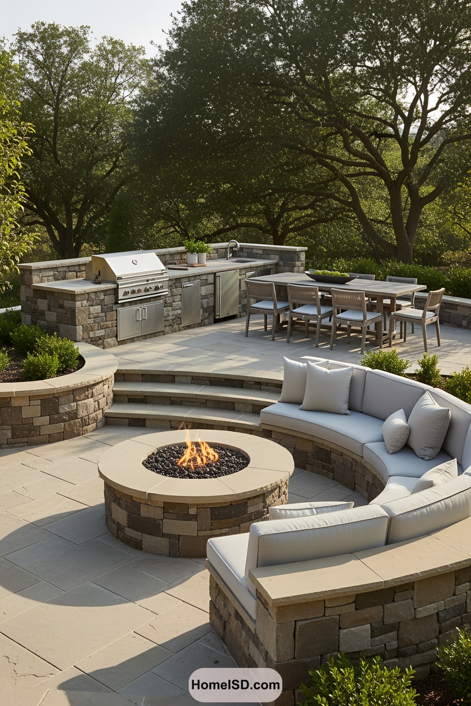 Circular fire pit with stone seating and a dining area