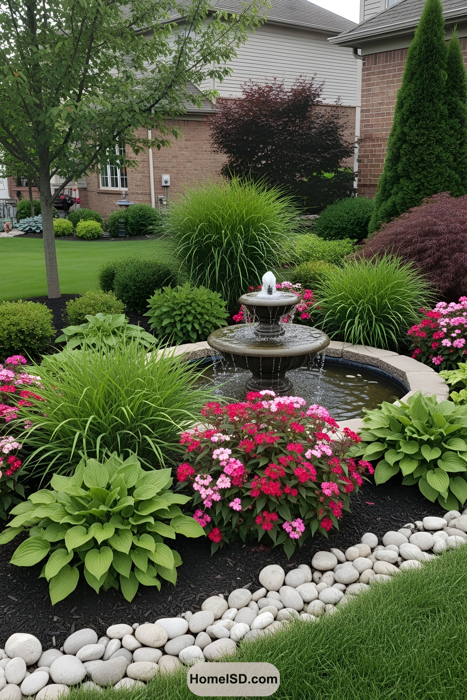 Small garden fountain surrounded by lush plants and colorful flowers