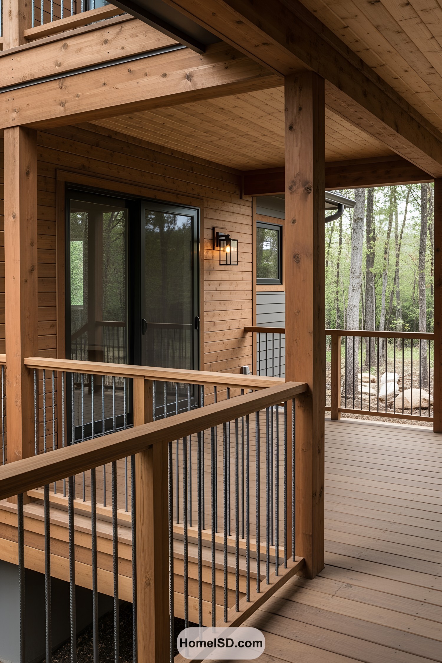 Rustic wooden deck with black metal railings