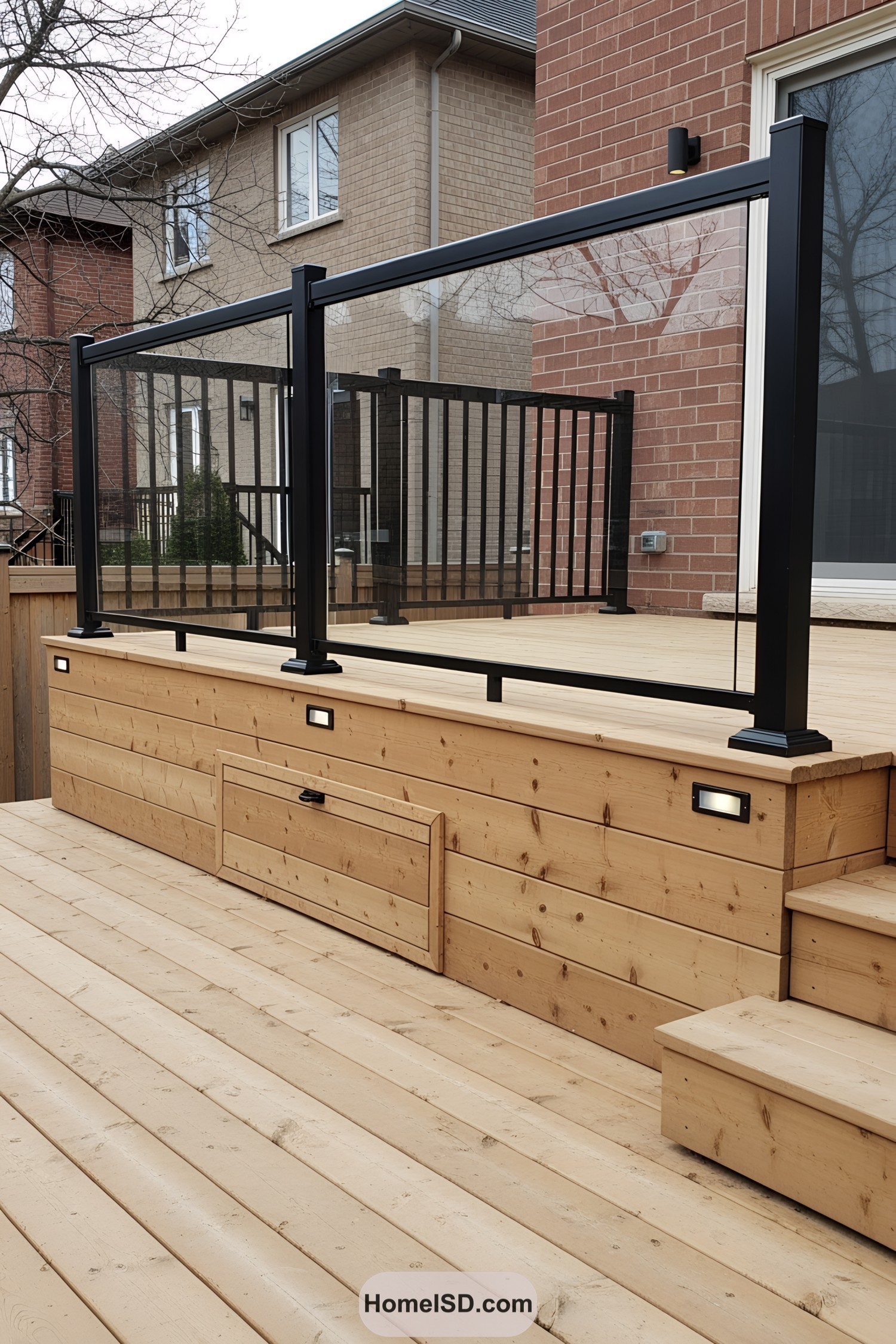 Deck with wooden skirting and glass railing
