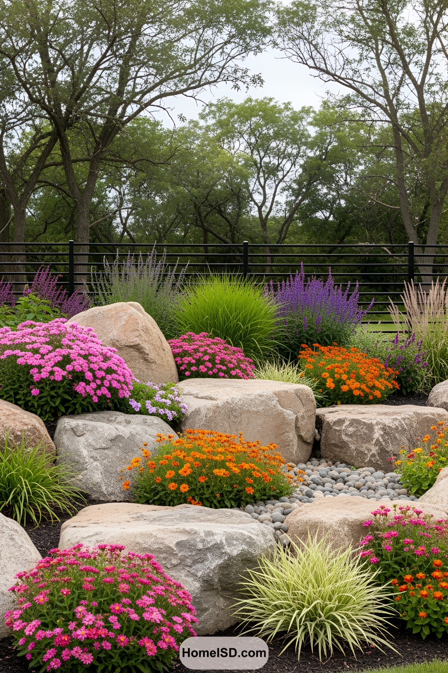 Lush plants and colorful blooms with boulder accents