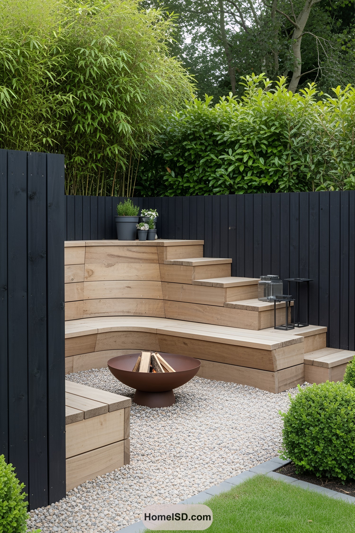 Modern fire pit in a wooden seating nook