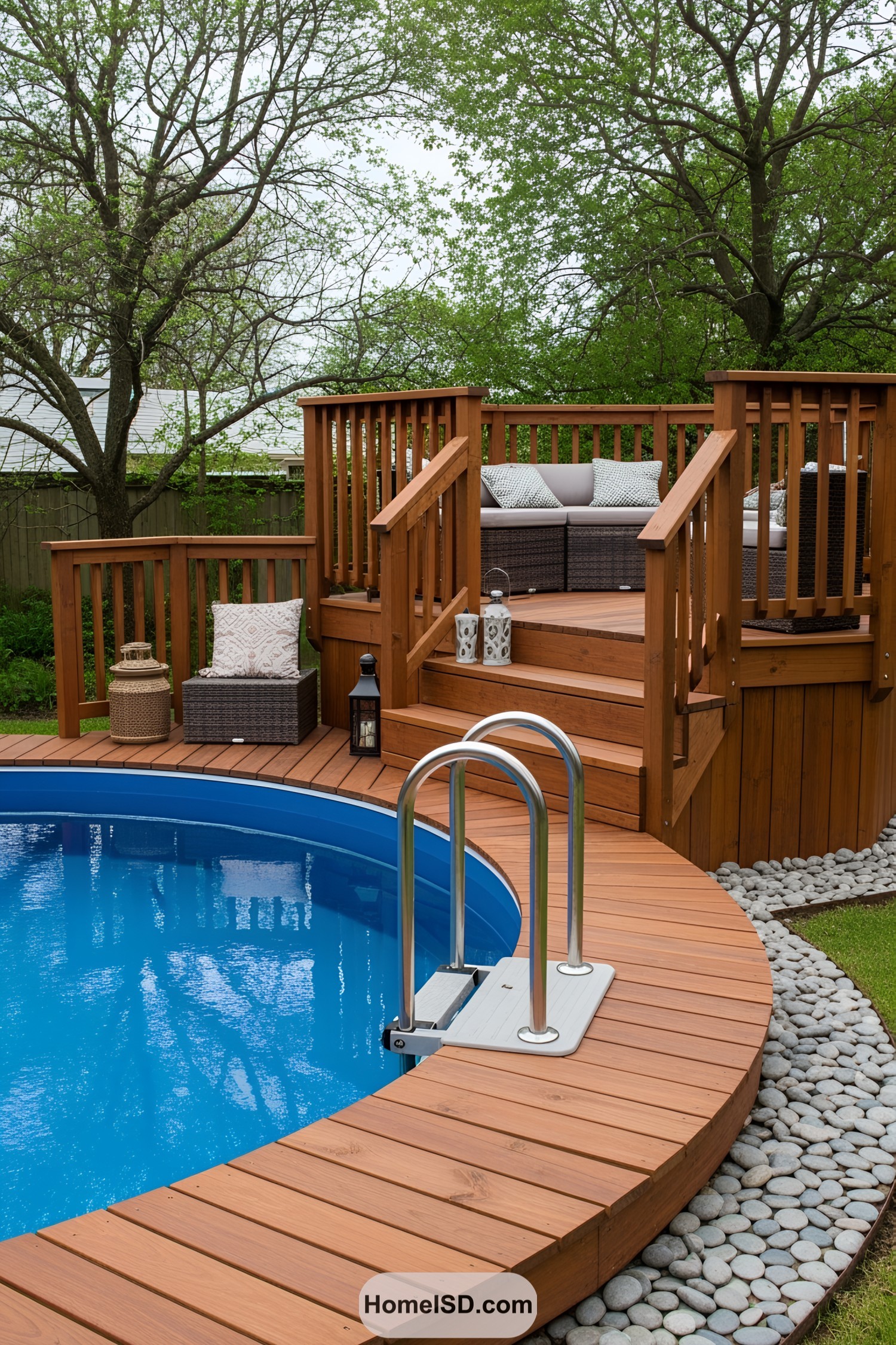 Round wooden deck with an above-ground pool and a seating area