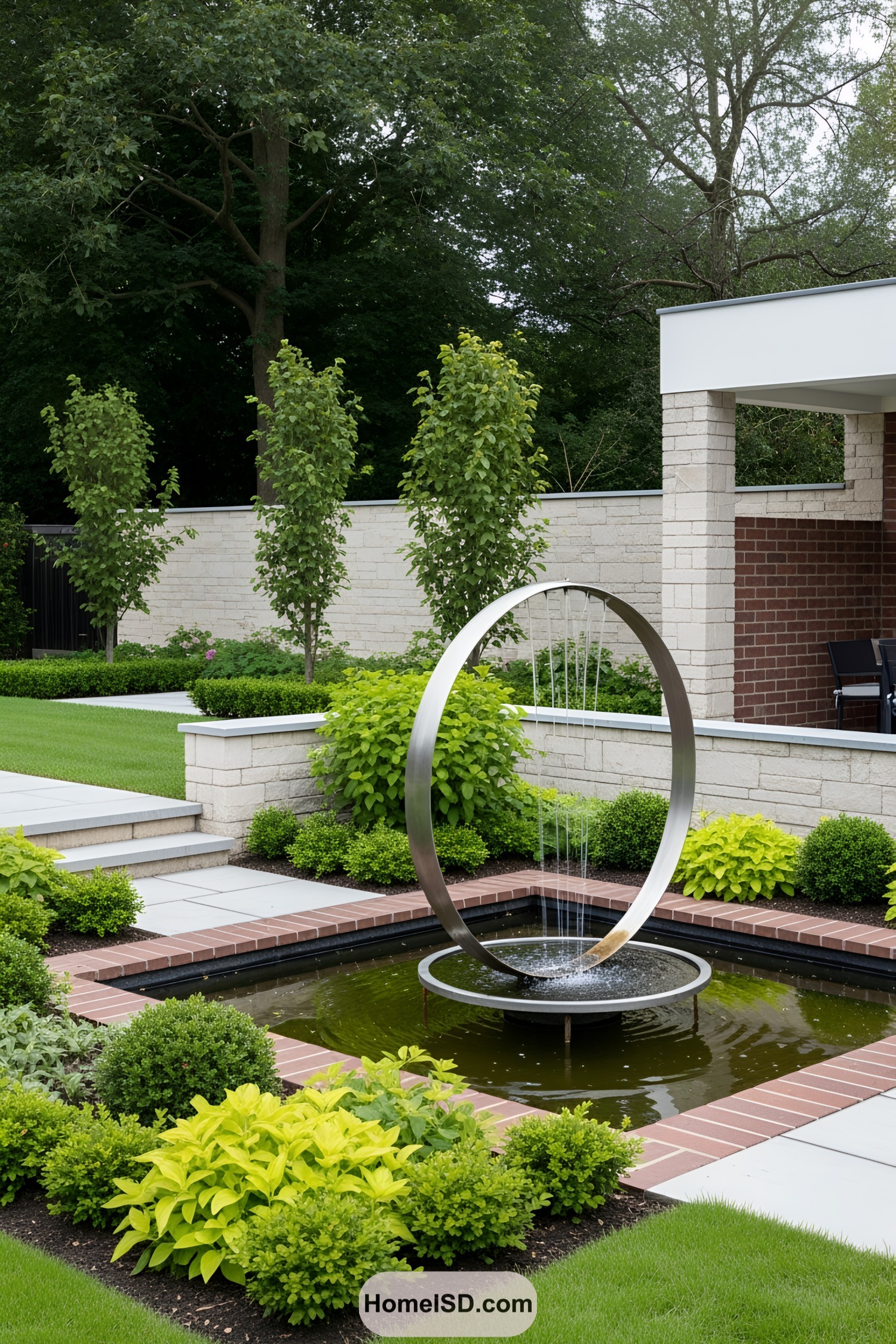 Modern circular fountain in garden setting
