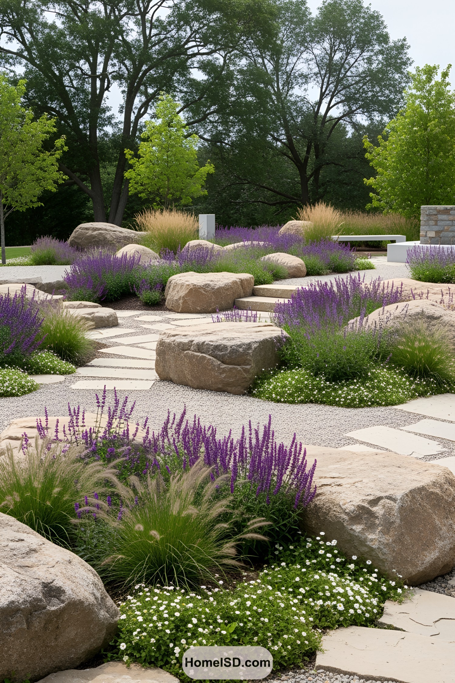 Garden with boulders and colorful plants
