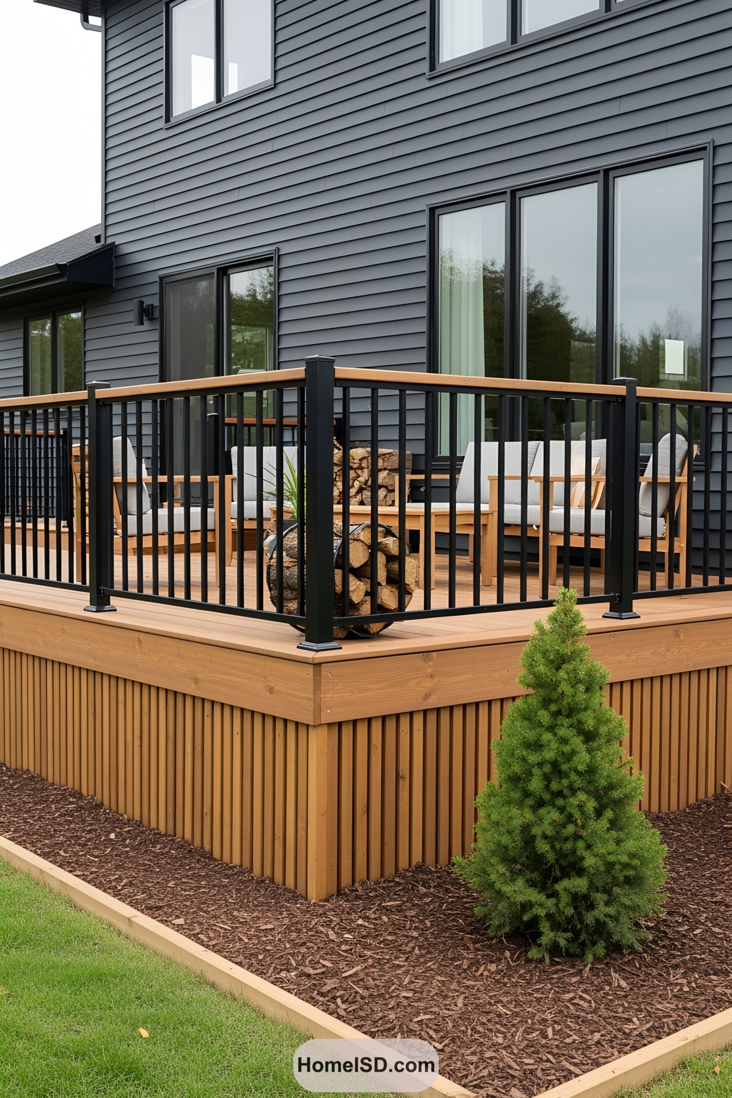 Wooden deck skirting with potted plant