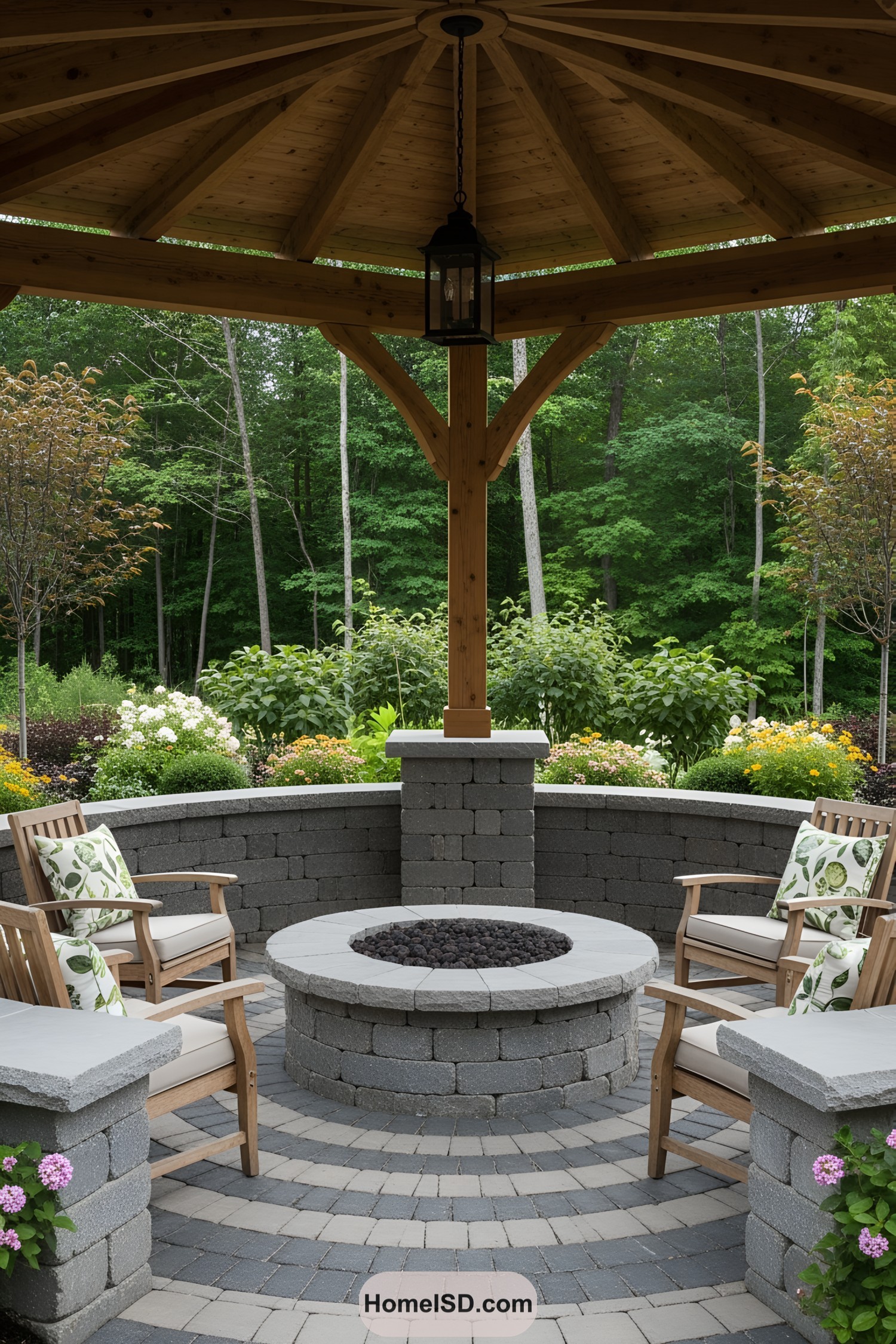 Wooden pergola with cozy seating around a stone fire pit