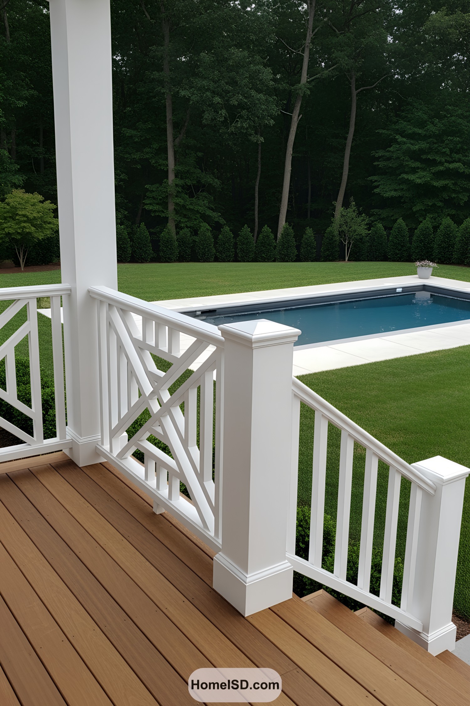 White railing with geometric design by a pool