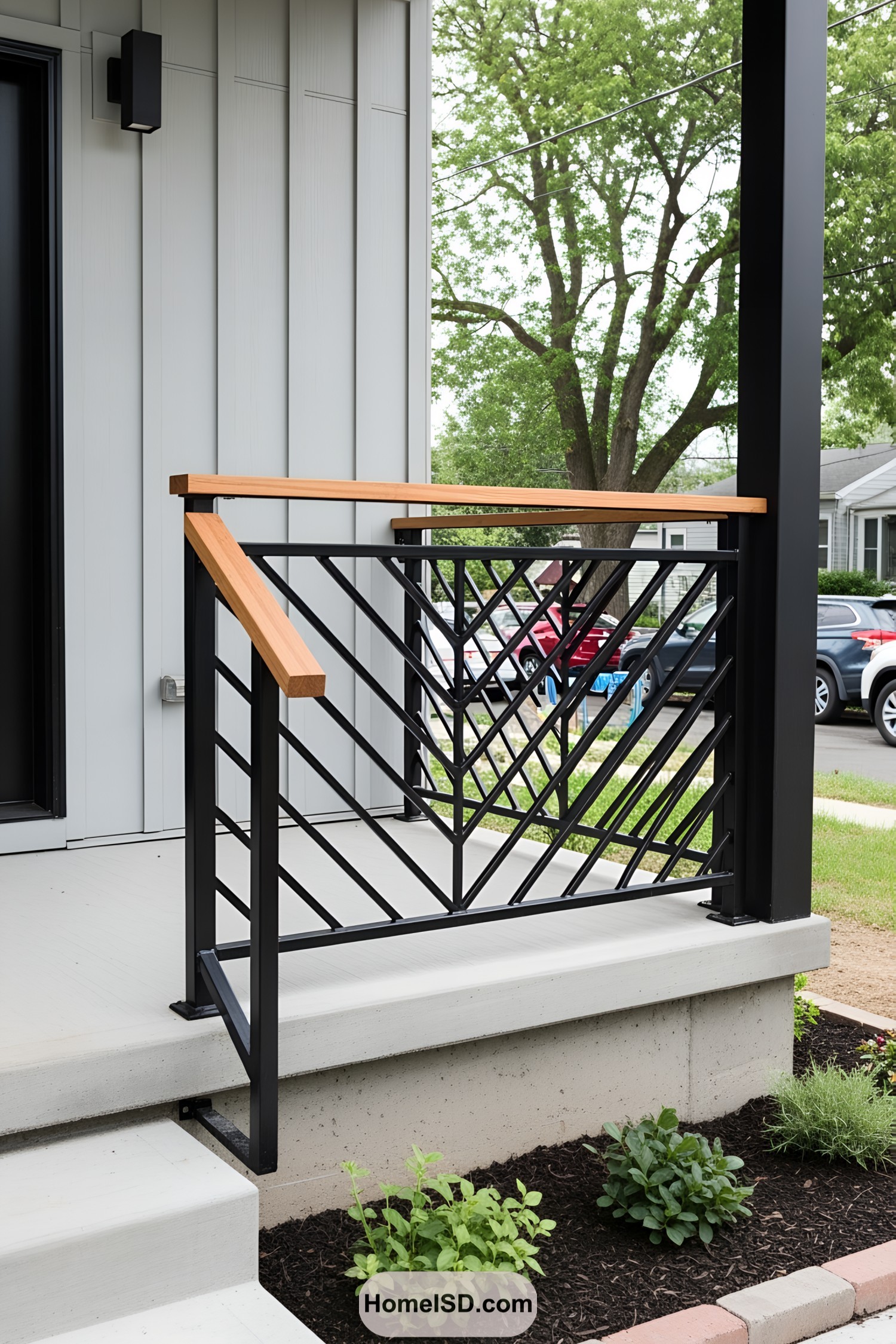 Modern deck railing with chevron design and wooden top