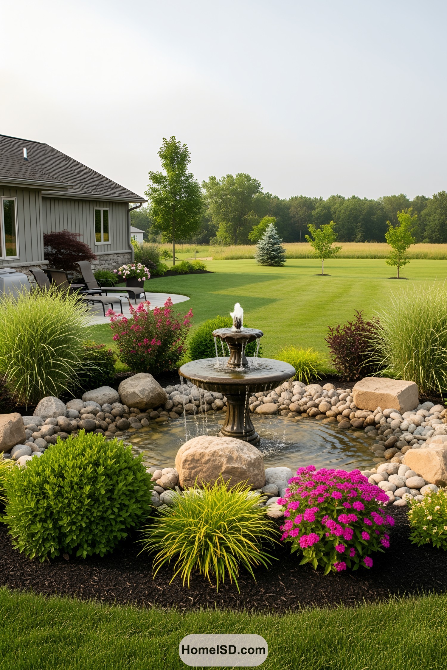 Elegant fountain amidst lush garden
