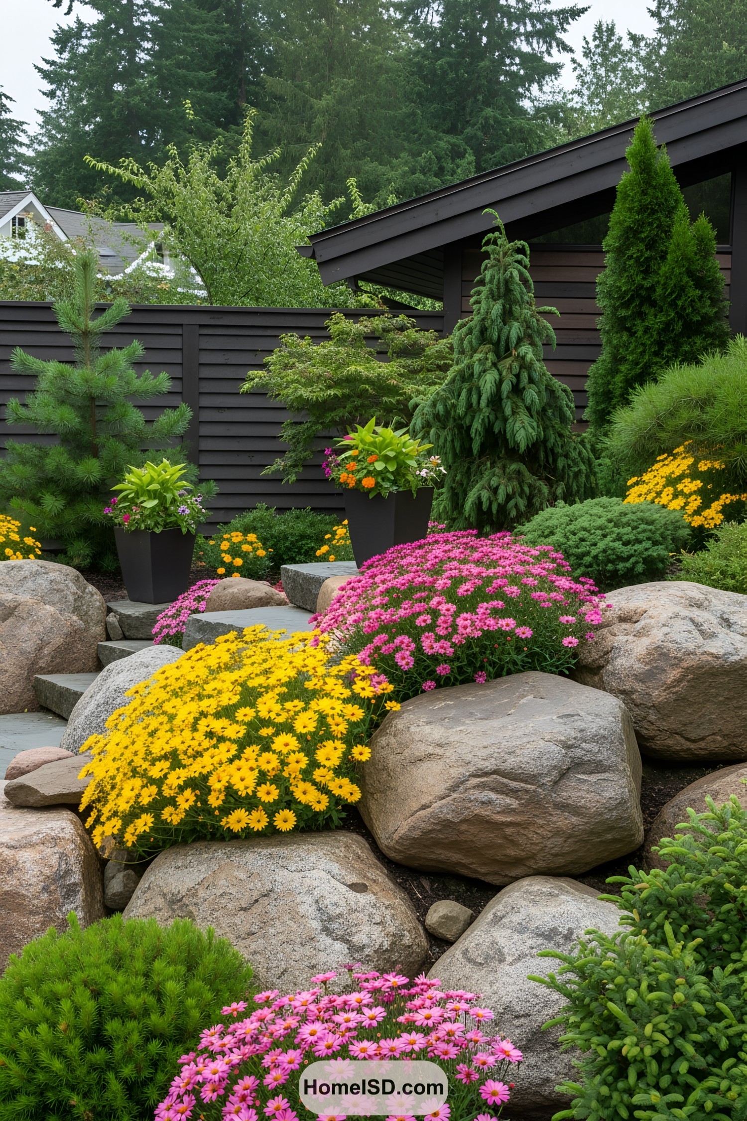 Bright flowers amid large boulders in a garden setting
