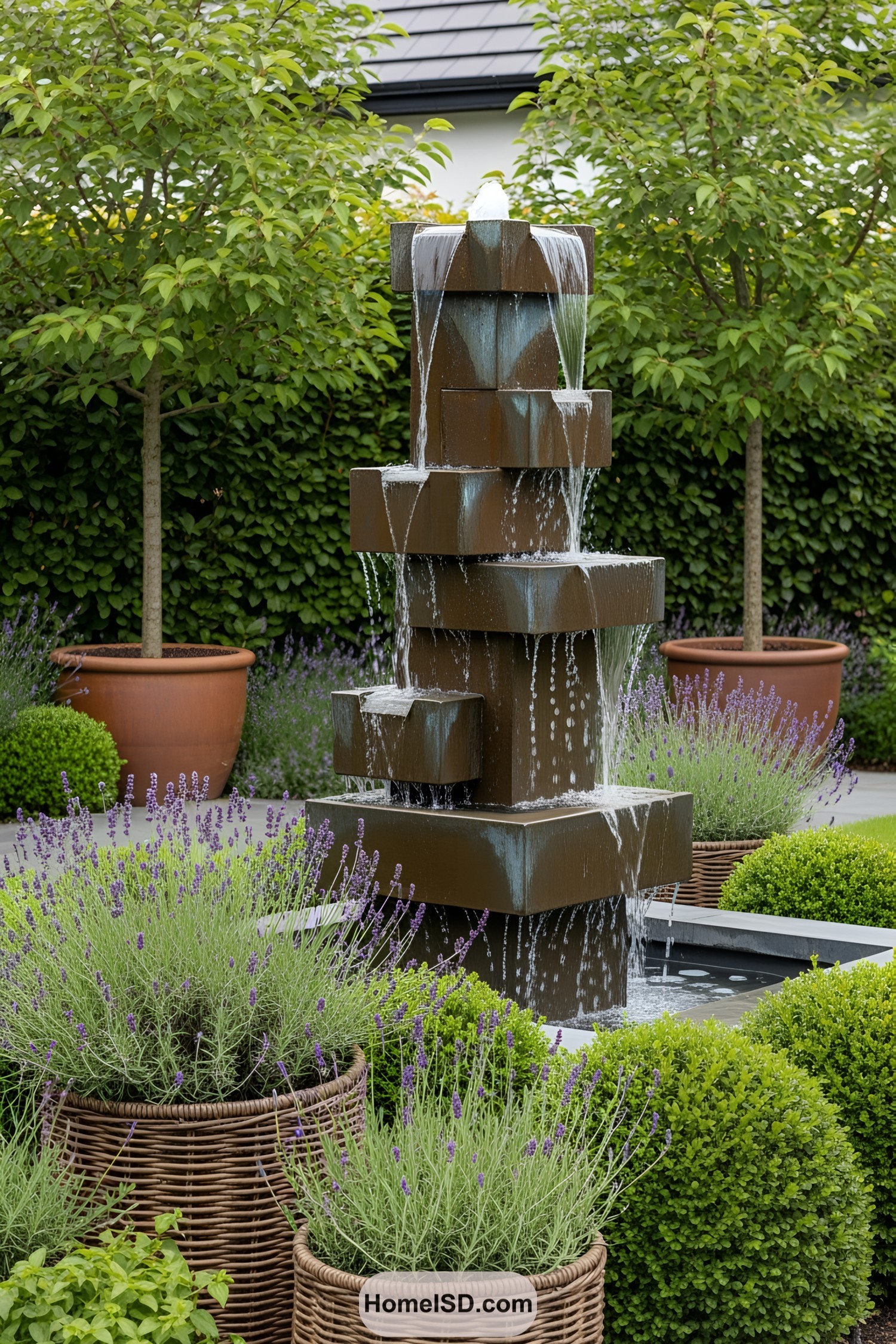 Tiered brown fountain with cascading water in a lush garden setting
