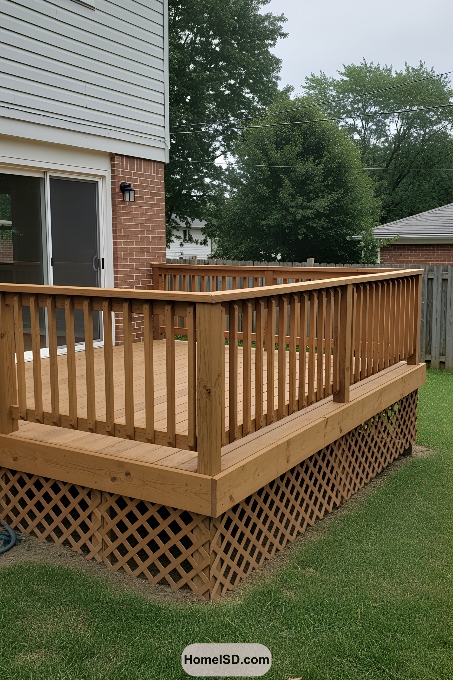 Elegant wooden deck with lattice skirting