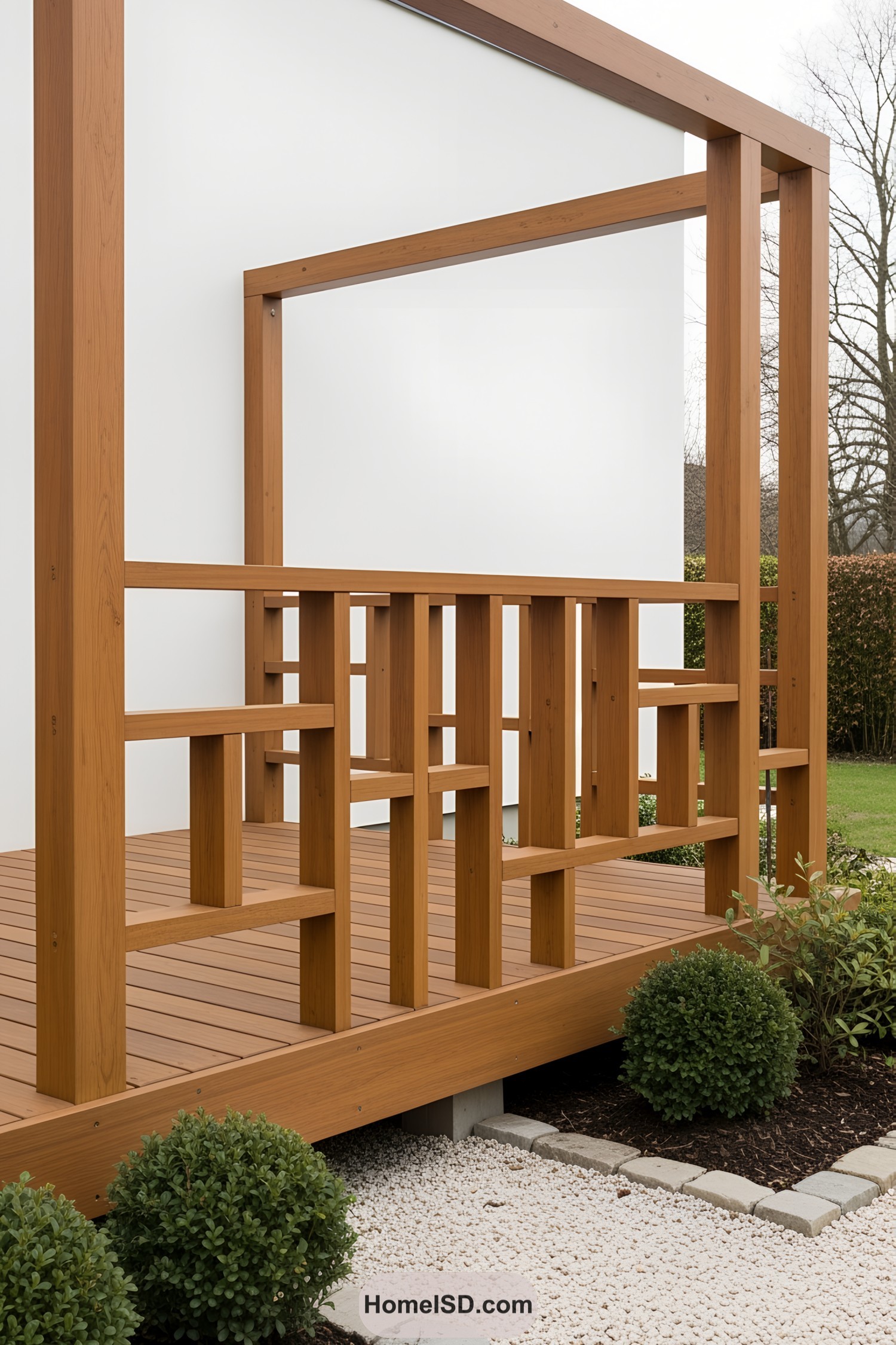 Modern deck with geometric wooden railing