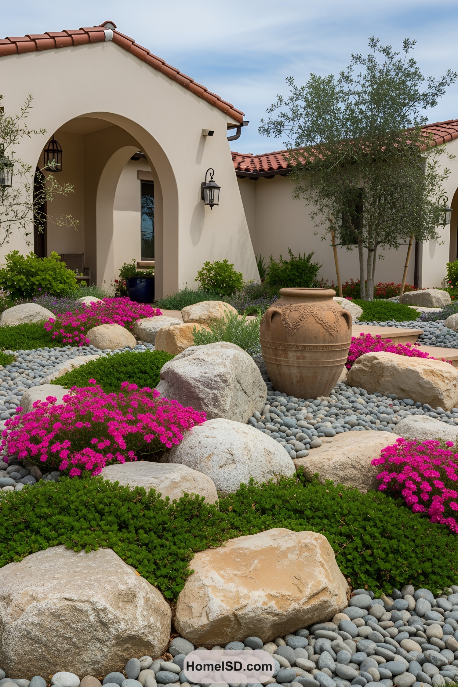 Vibrant garden with boulders and colorful flowers