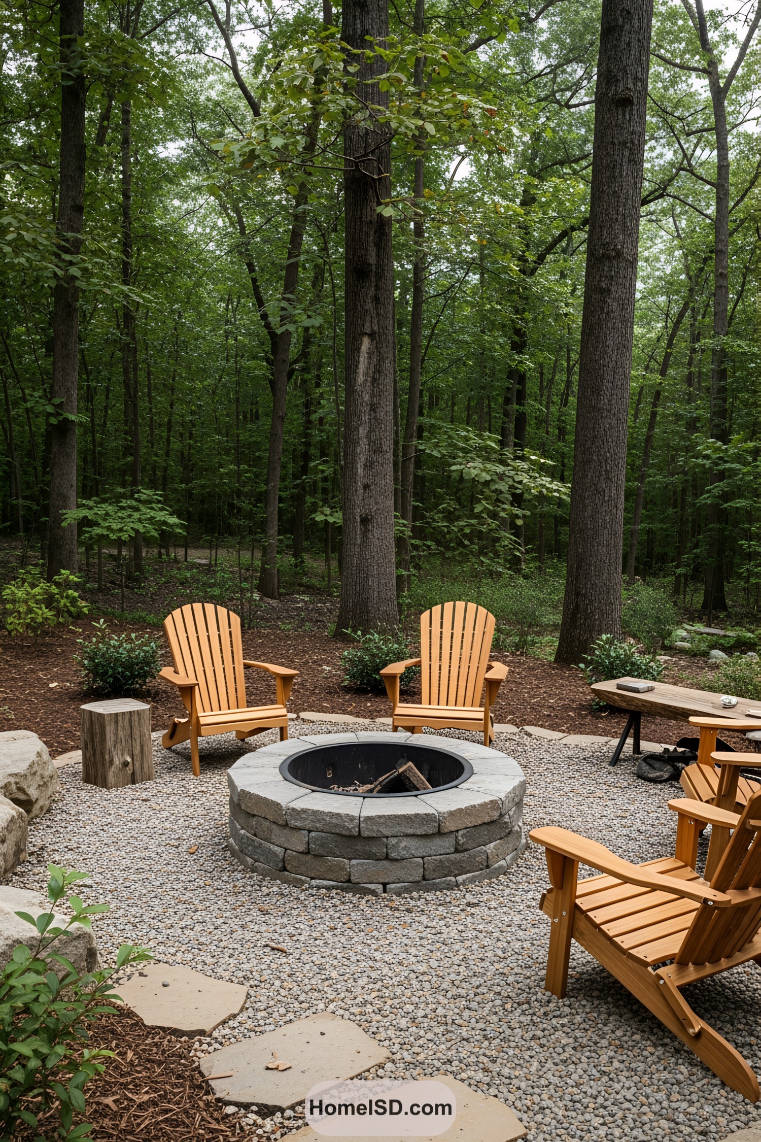 Fire pit area with wooden chairs and stone ring