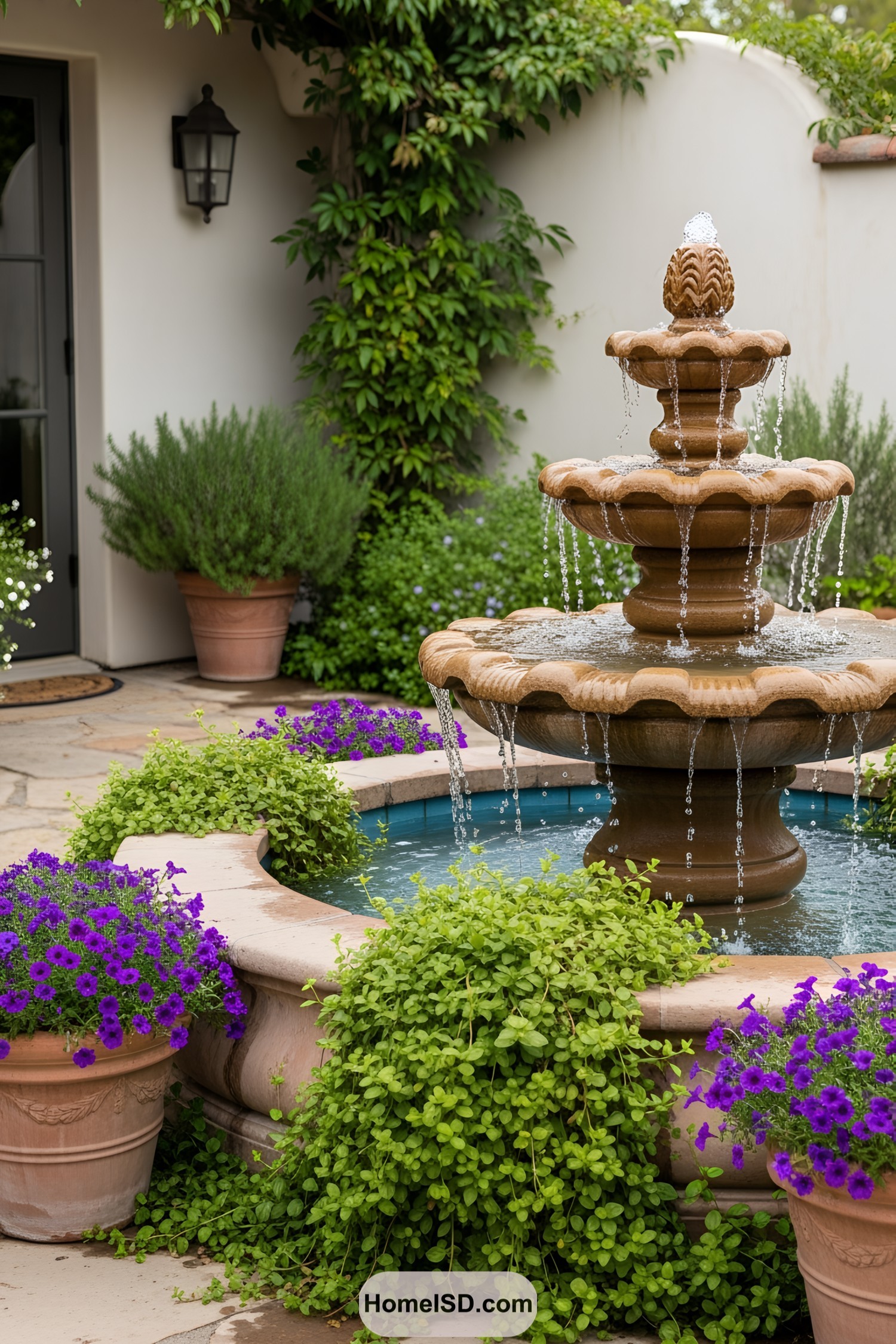Tiered stone fountain surrounded by vibrant flowers in a garden