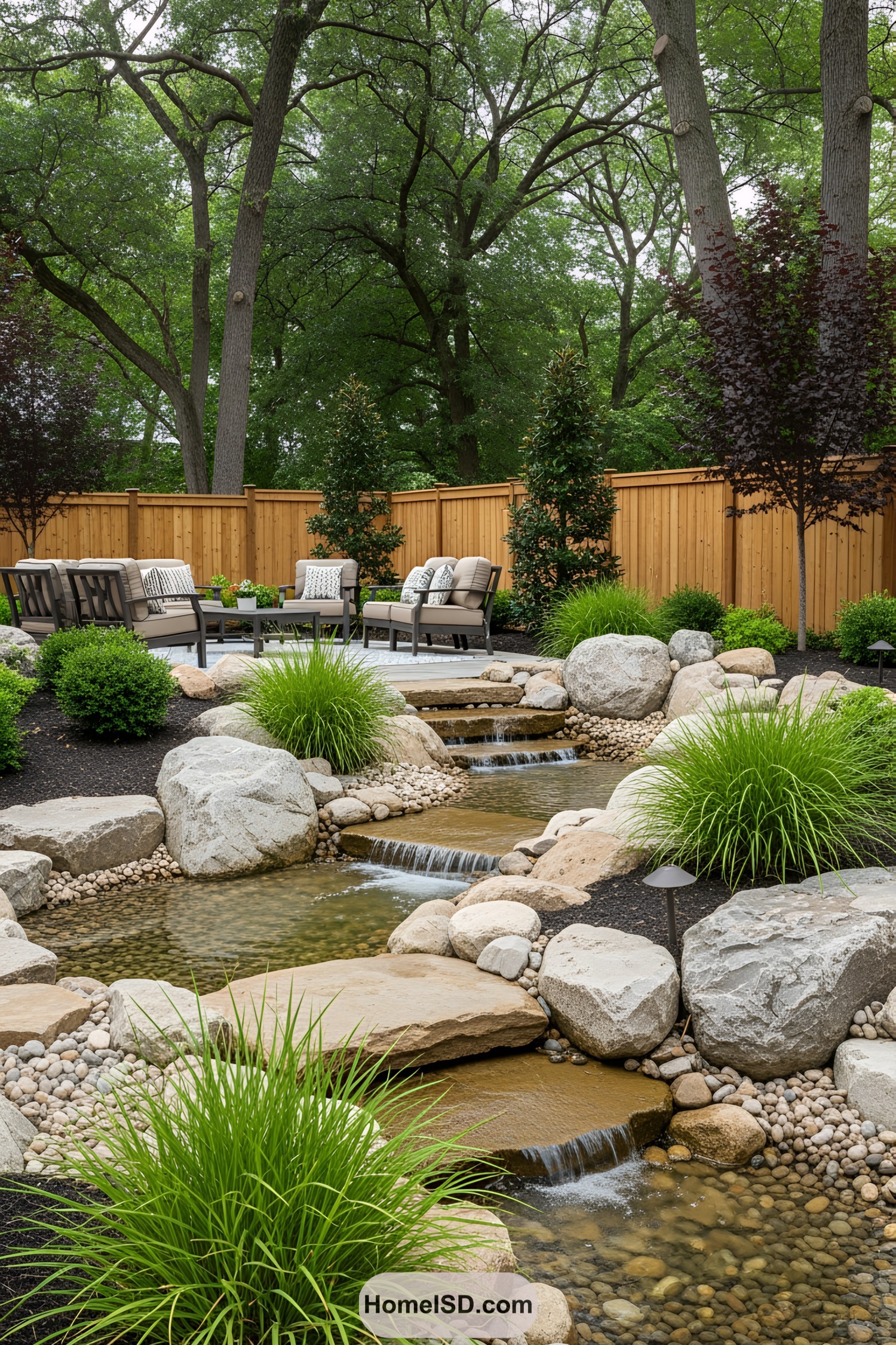 Backyard with boulders, a stream, and patio seating