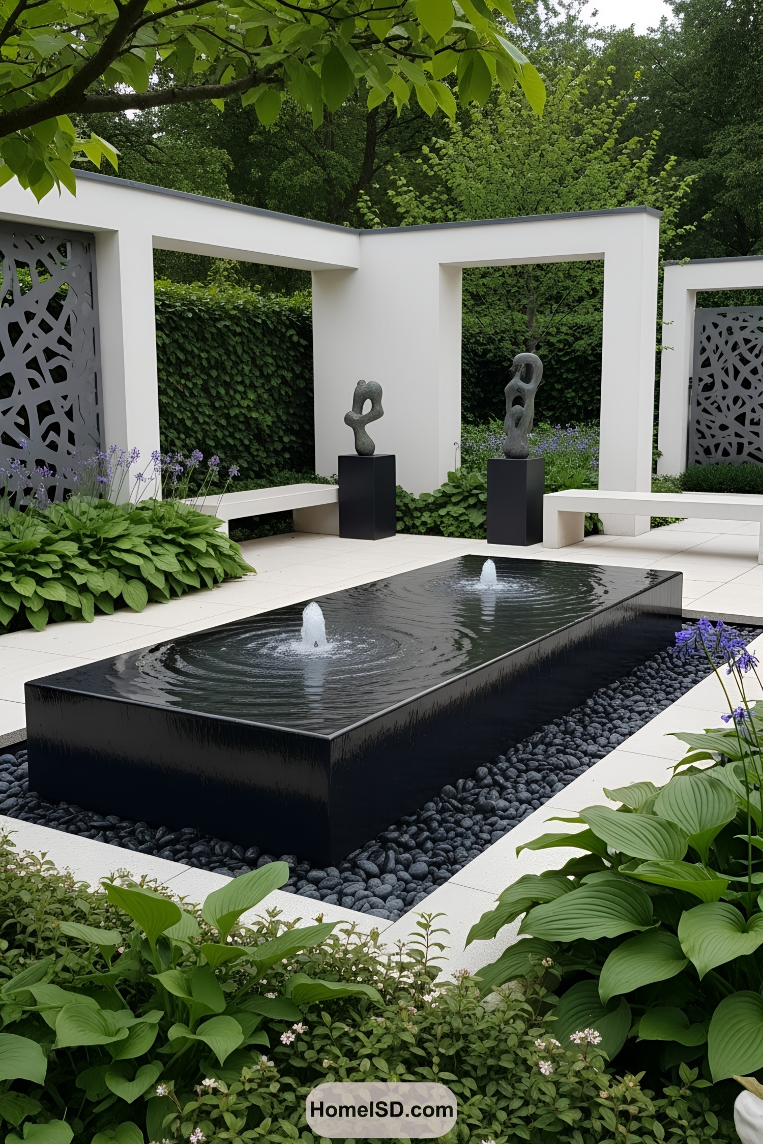 Sleek black fountain with minimalist sculptures and lush greenery