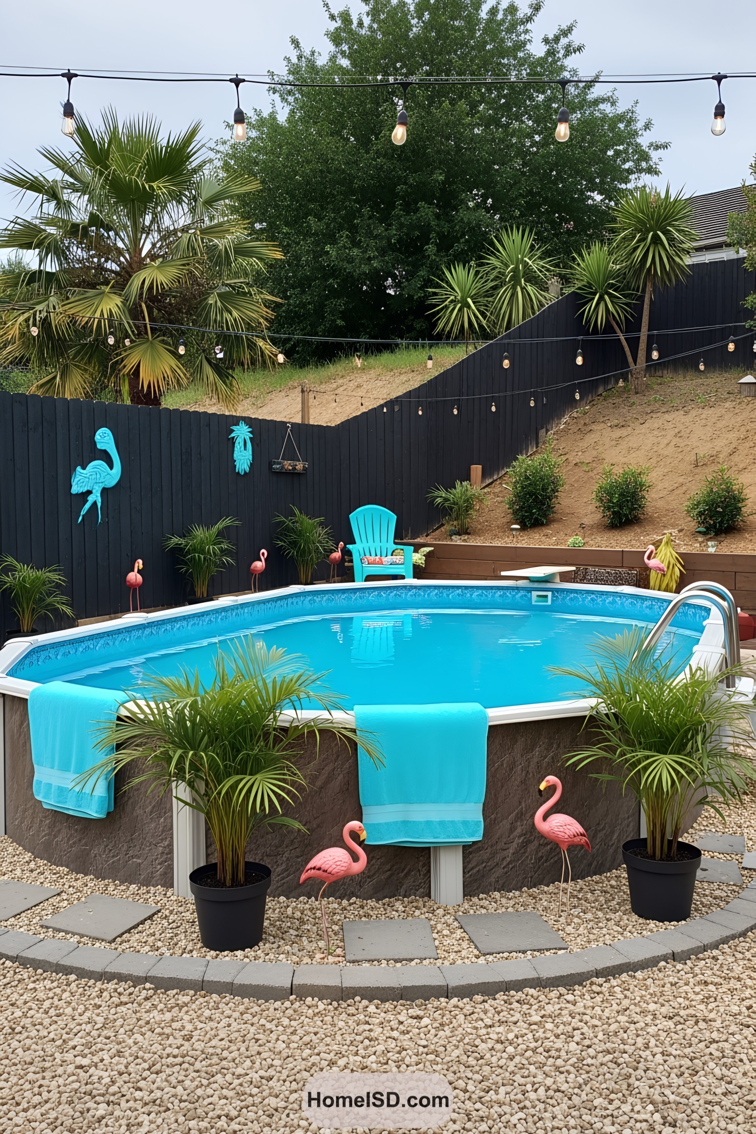 Round above-ground pool with blue towels and flamingo decor