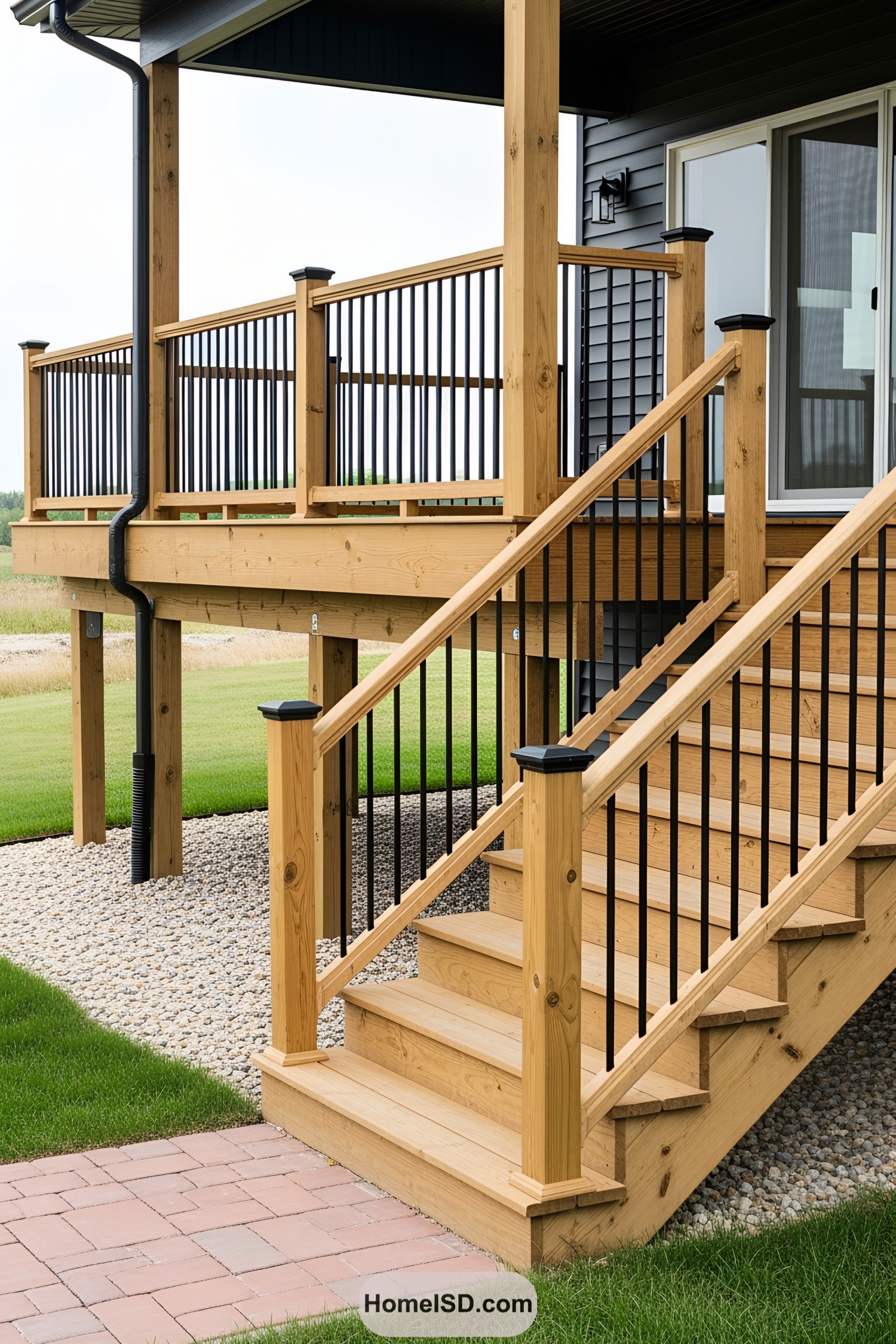 Wooden deck railing with stairs and black balusters