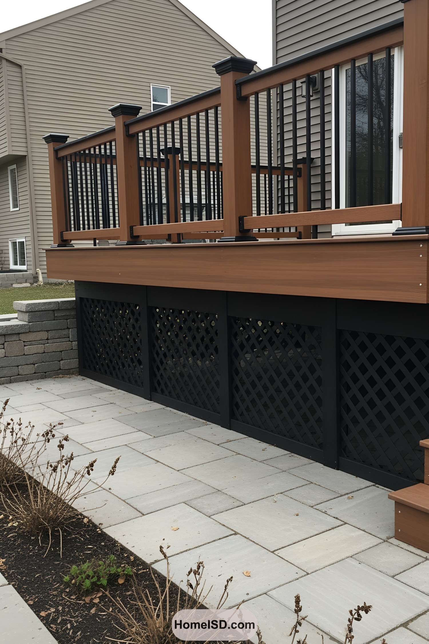 Deck with Black Lattice Skirting in a Modern Yard