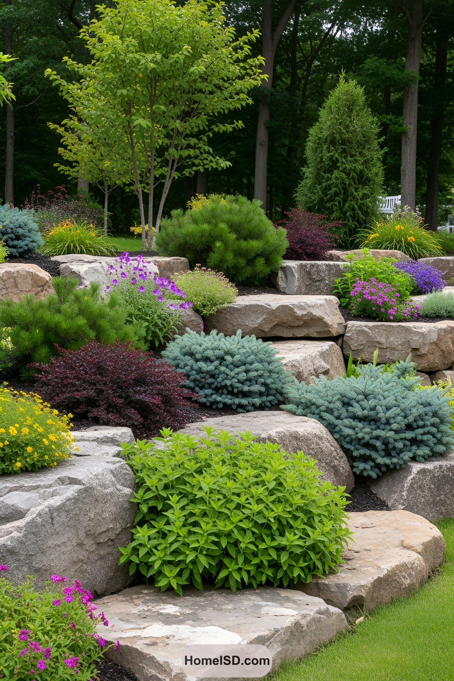 Large boulders with vibrant shrubs and flowers creating a colorful landscape