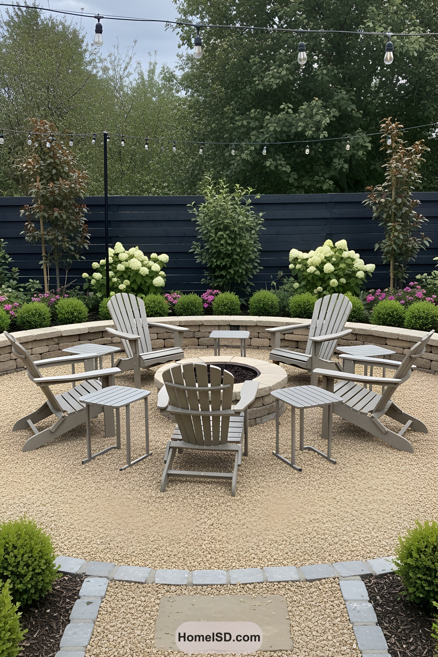 Fire pit seating arrangement under string lights
