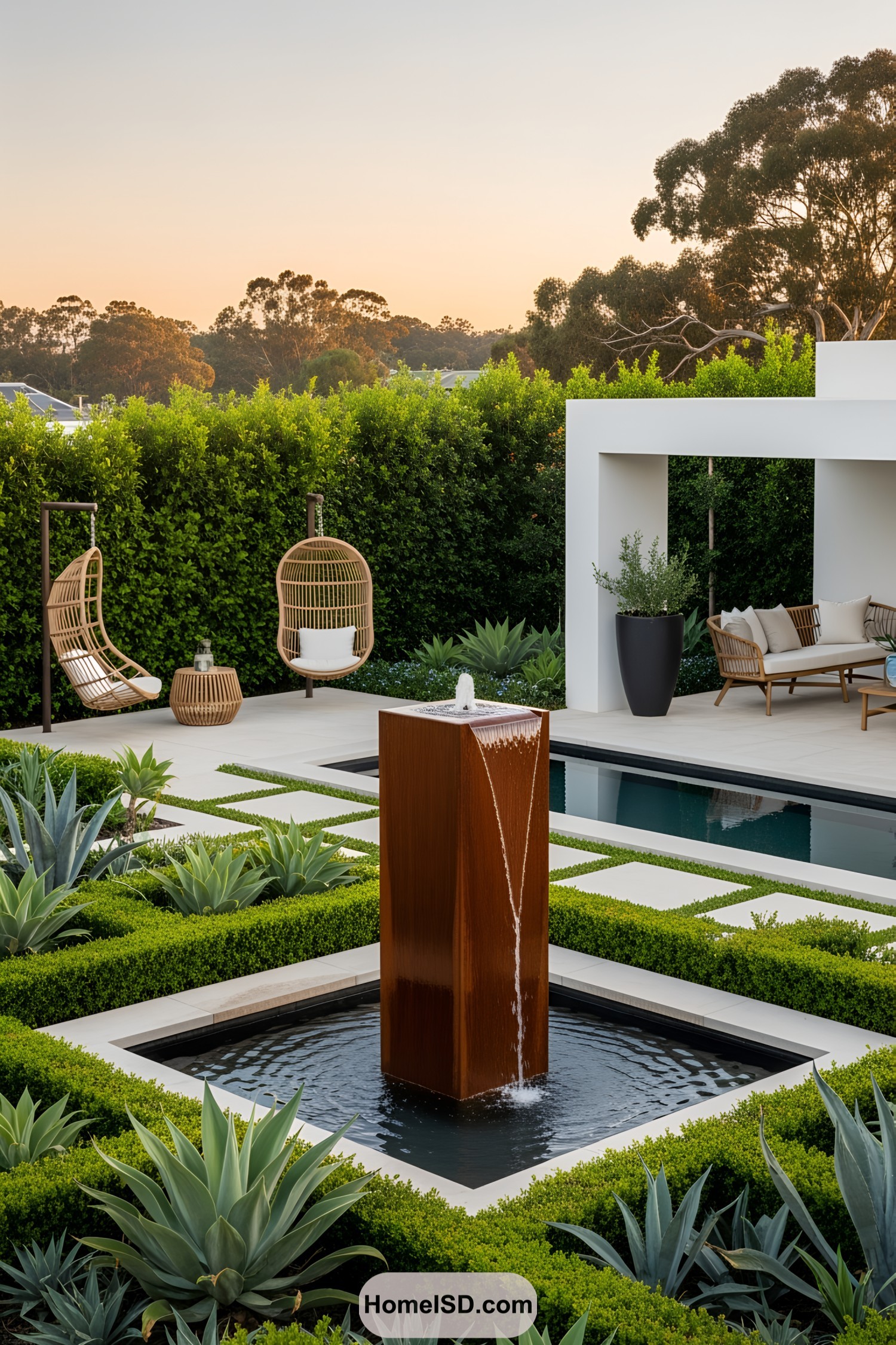 Modern rectangular fountain surrounded by vibrant greenery and stylish outdoor seating