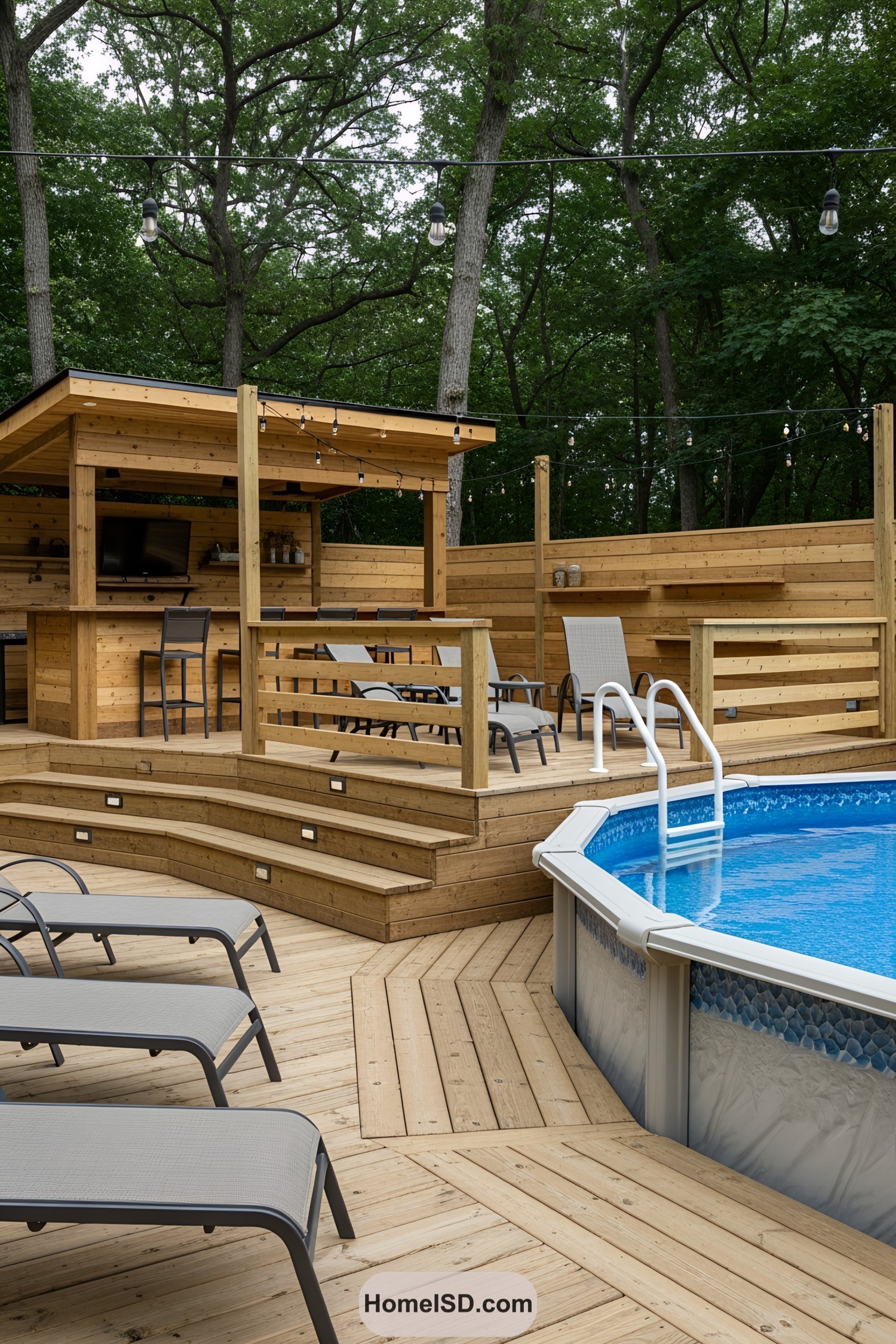 Above ground pool with wooden deck and outdoor bar