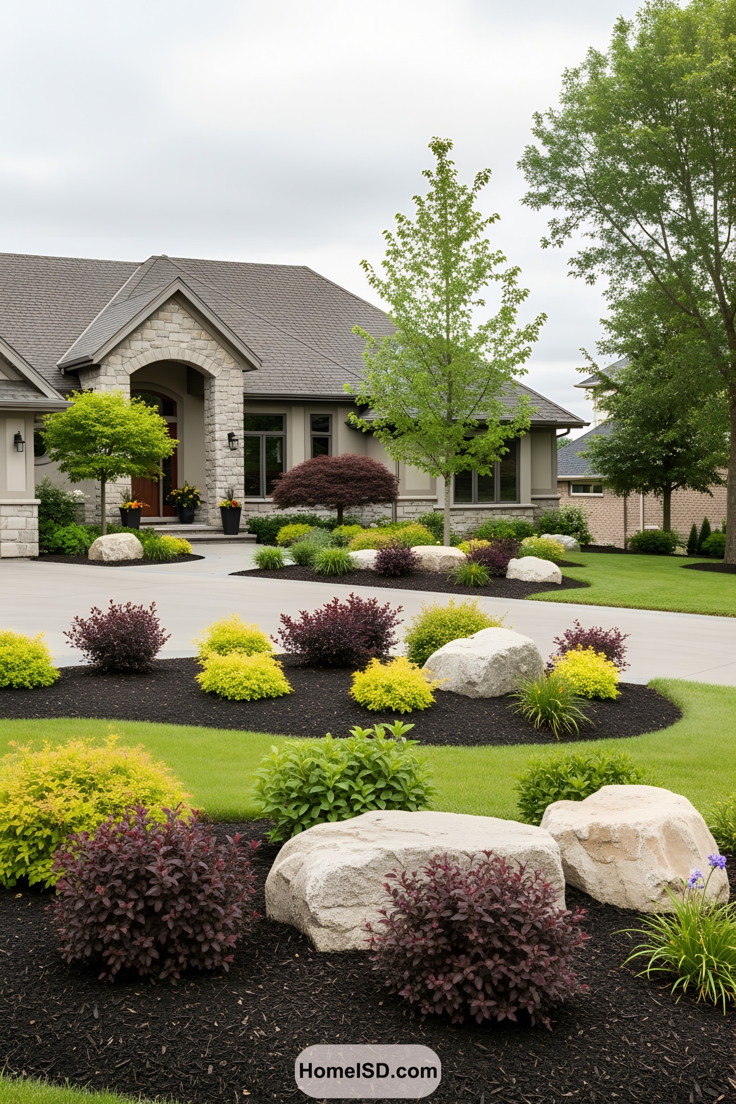 Front yard garden with various plants and large boulders