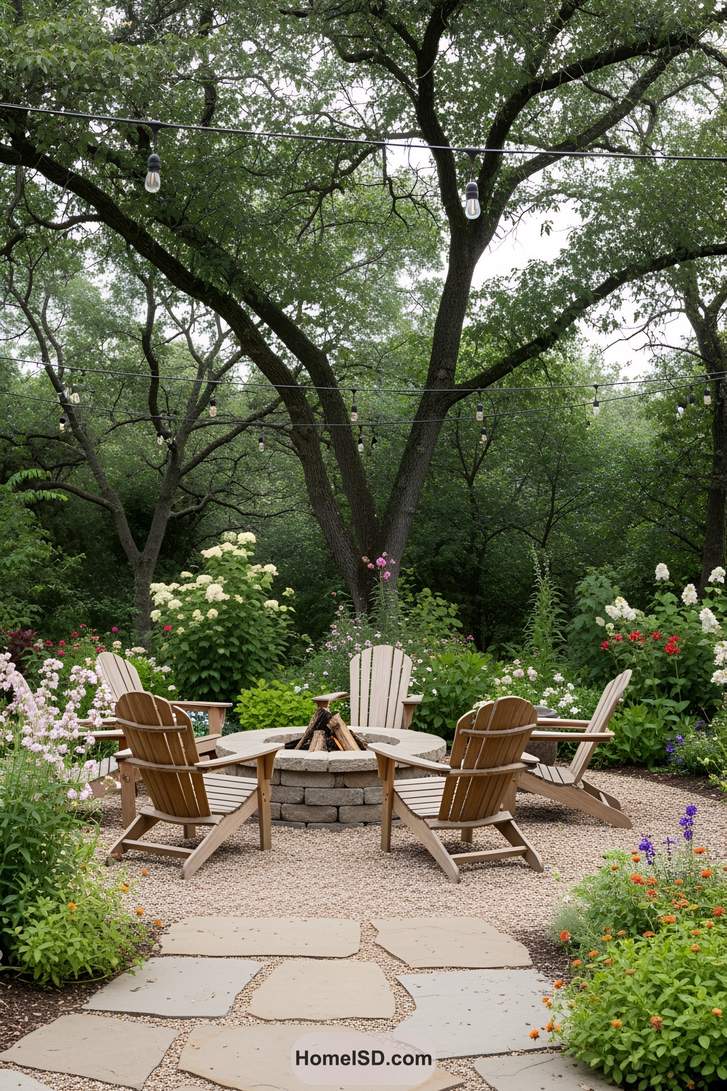 Wooden chairs circling a fire pit in a lush garden setting