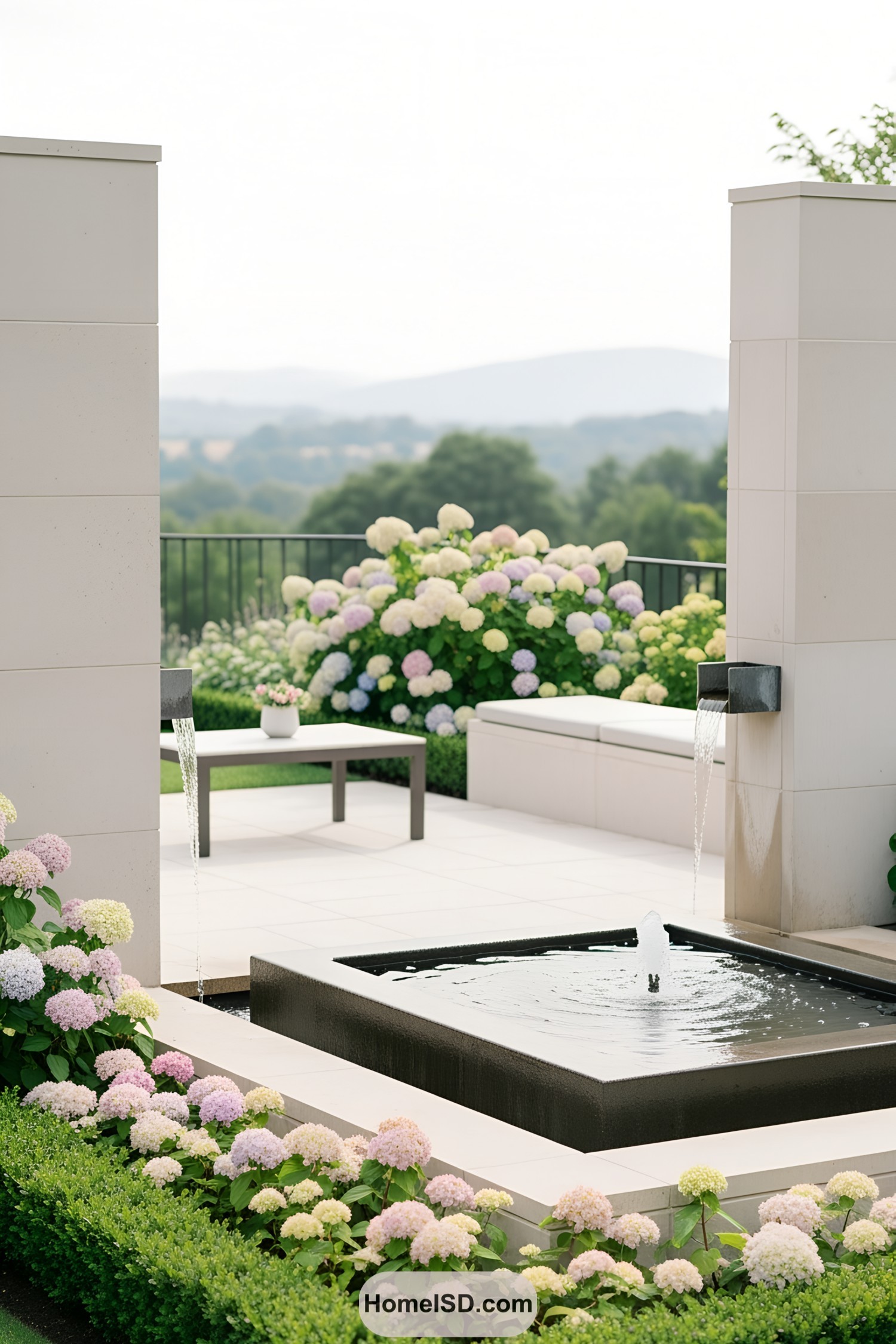 Modern backyard fountain with hydrangeas
