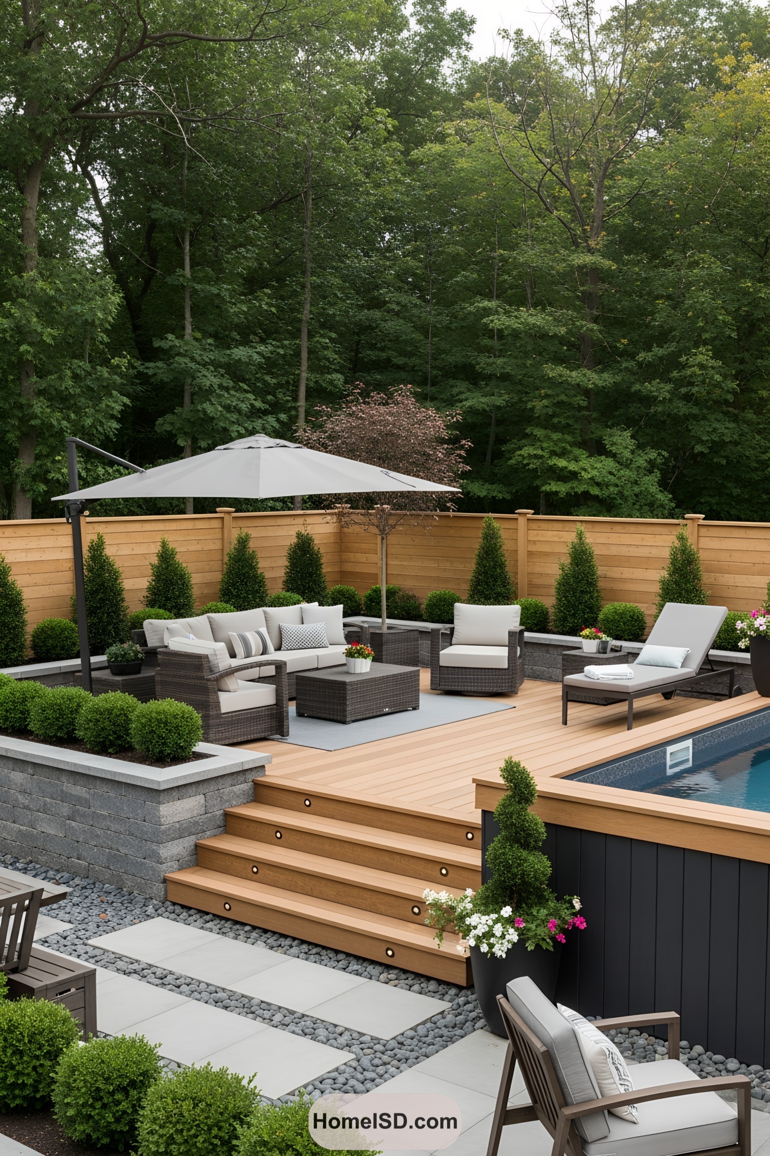 Outdoor seating area next to an above-ground pool with lush greenery and wooden accents