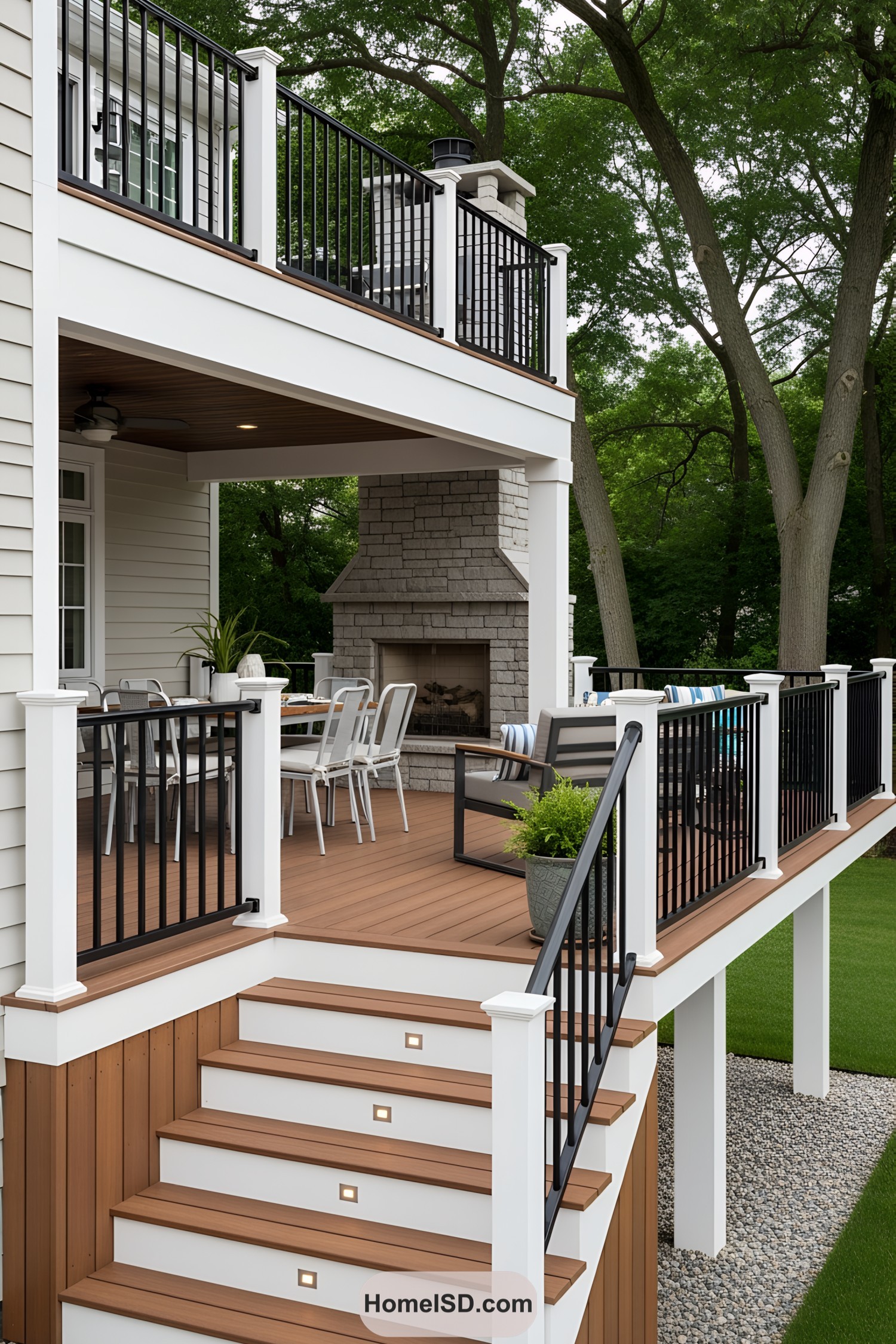 Cozy deck with metal railings and a fireplace, surrounded by trees