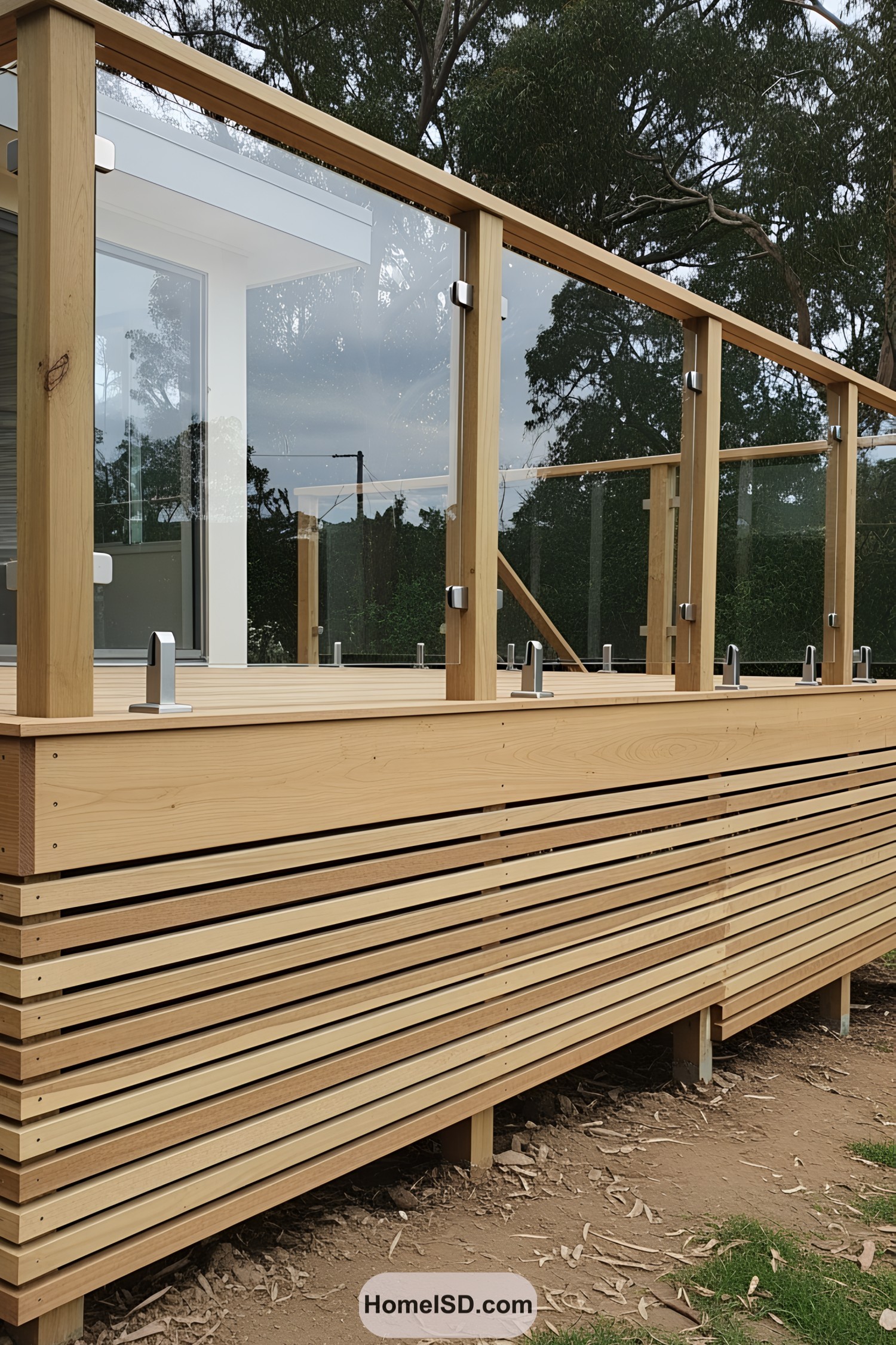 Glass railings with wood and slatted skirting
