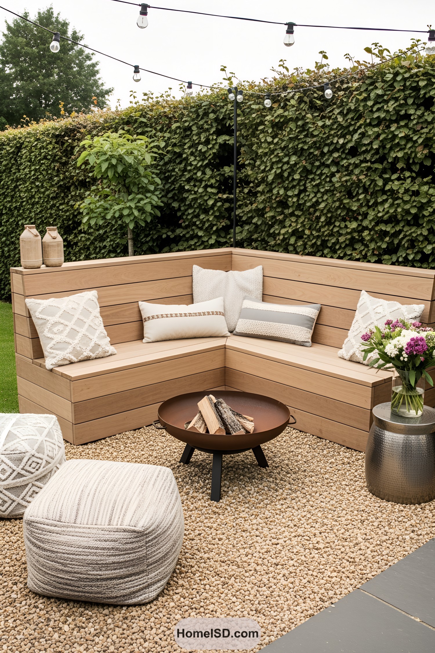 Wooden L-shaped bench with cushions around a fire pit