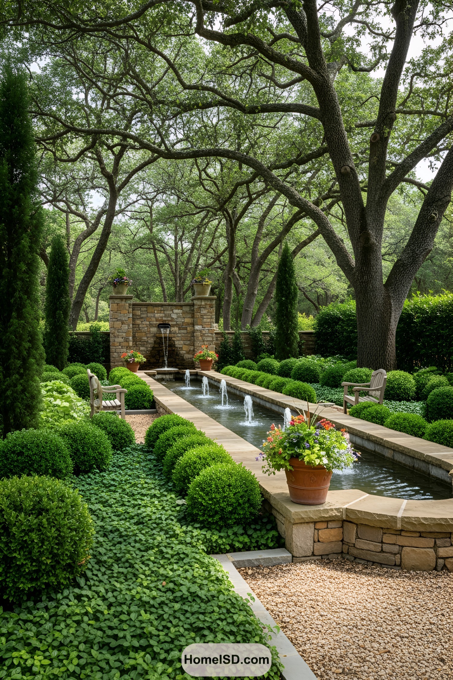 Long rectangular water feature with bubbling jets, surrounded by lush greenery and stonework