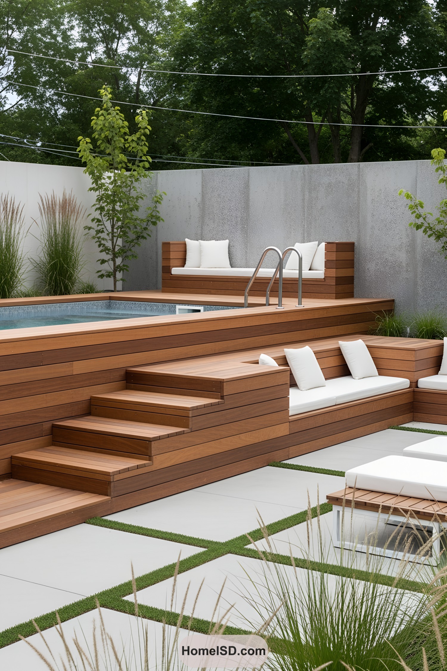 Stylish above ground pool with wooden deck and seating