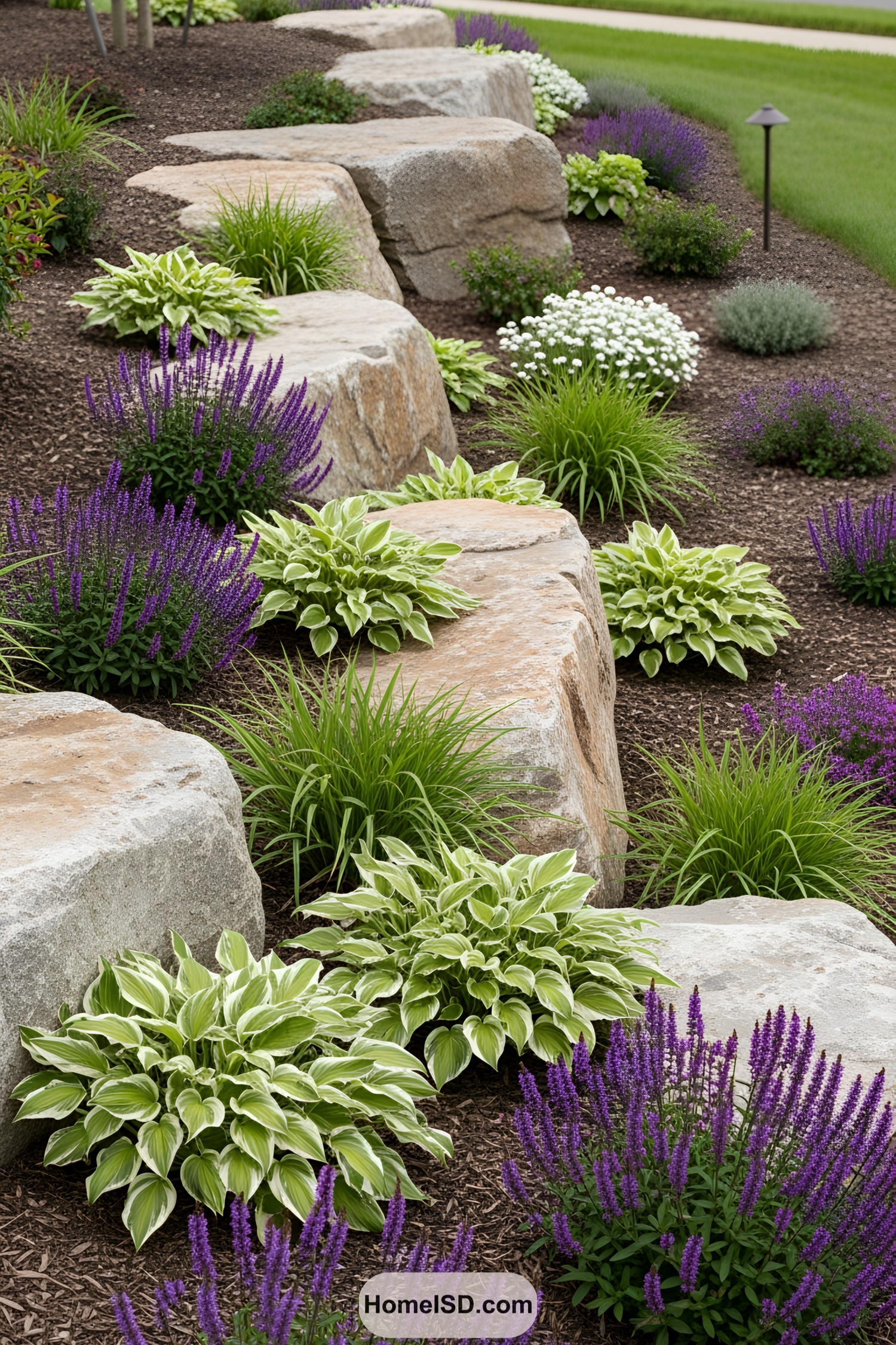 Natural stone garden with flowers and shrubs
