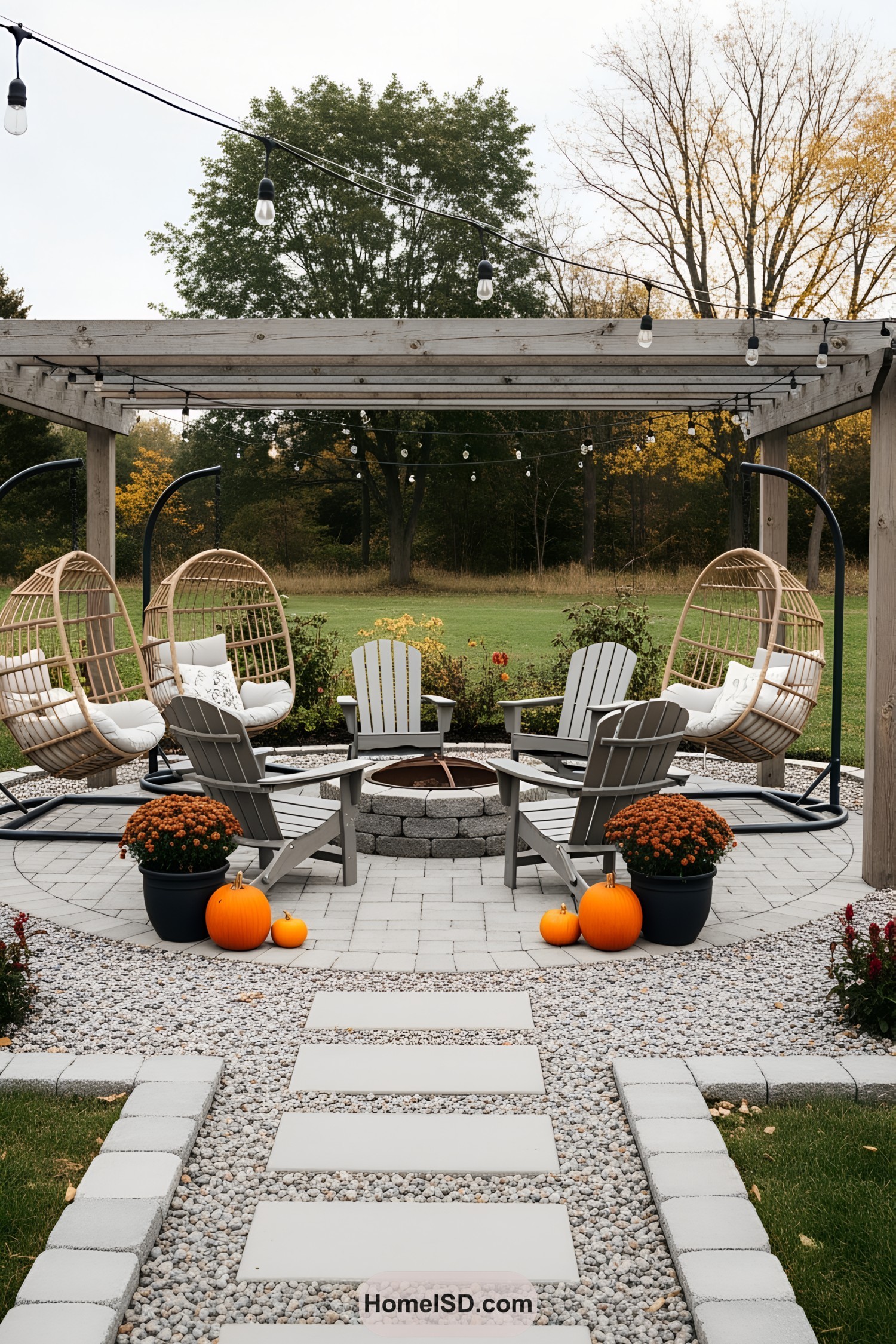 Outdoor seating area with fire pit, wicker chairs, pumpkins, and string lights