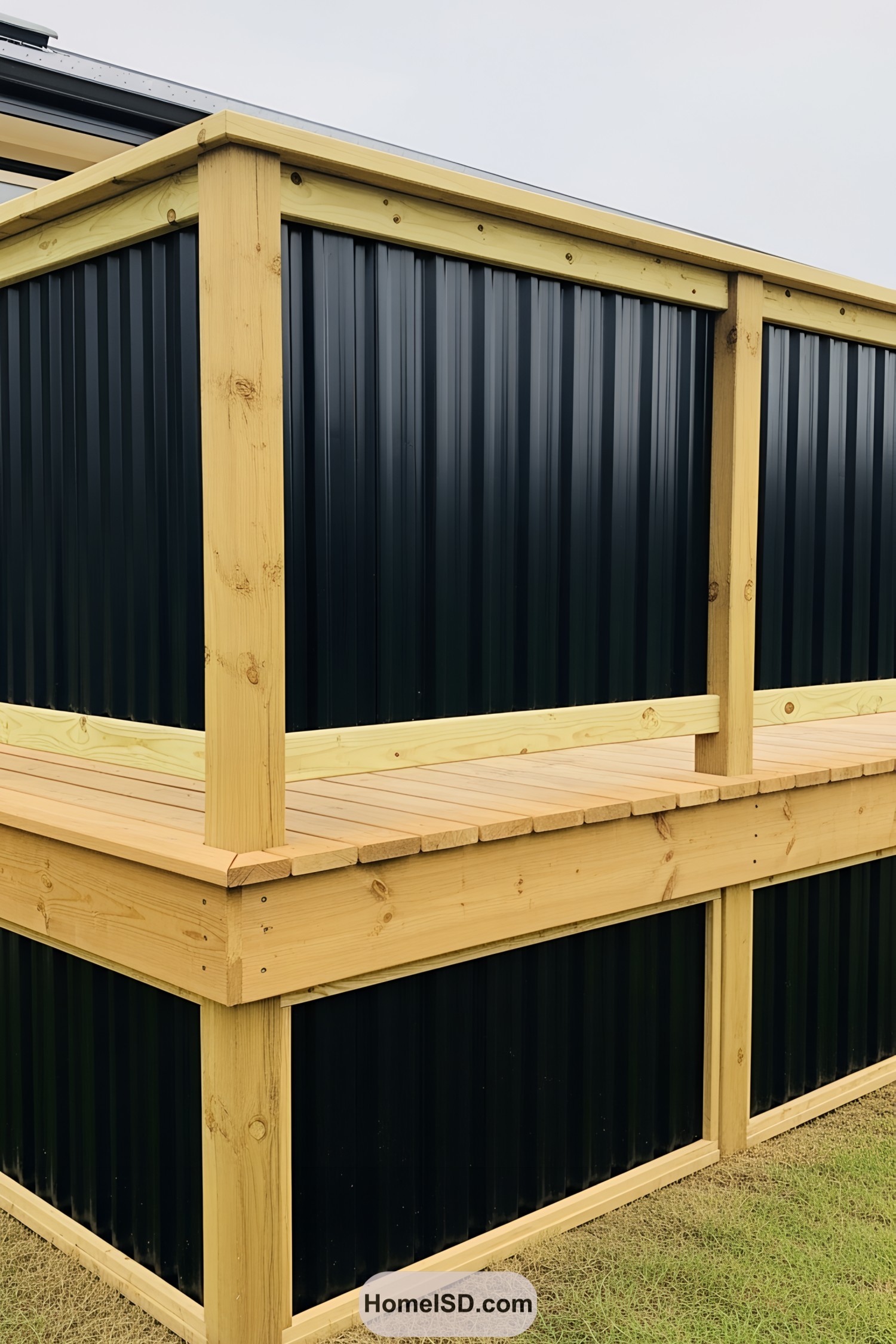 Wooden deck featuring dark, modern skirting panels