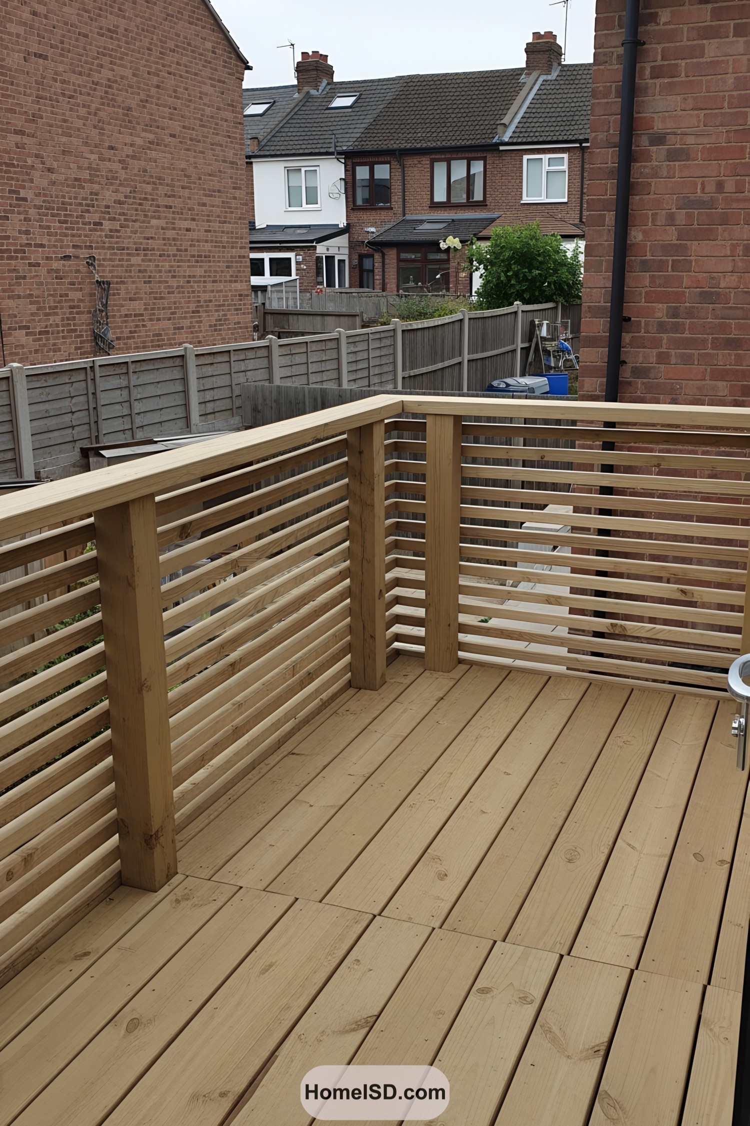 Wooden deck railing with horizontal slats
