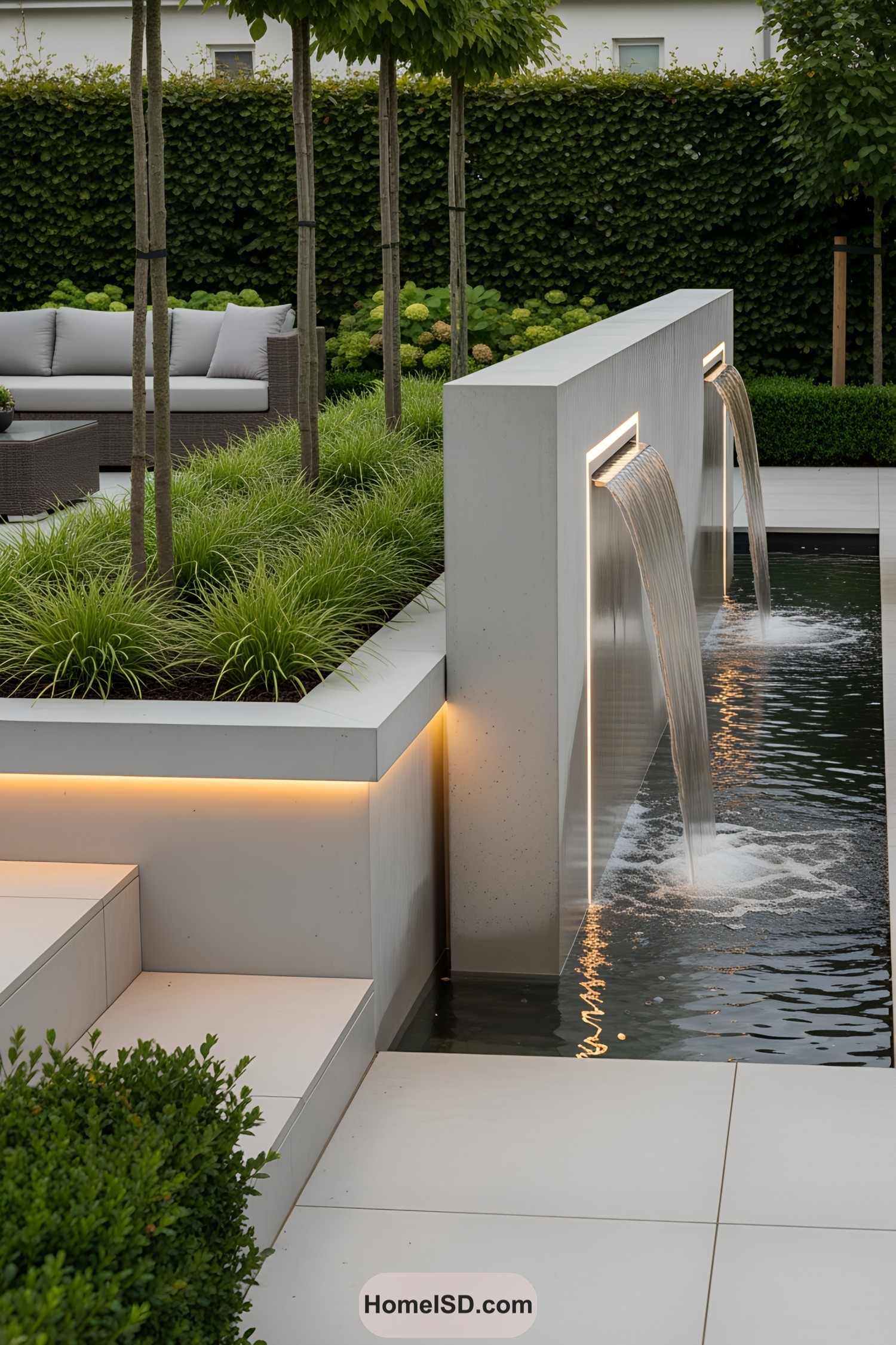 Modern outdoor fountain with water cascading from a sleek structure