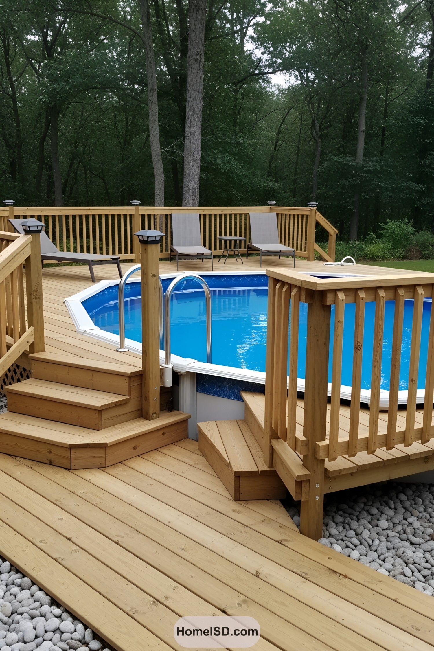 Above ground pool with surrounding wooden deck and lounging chairs