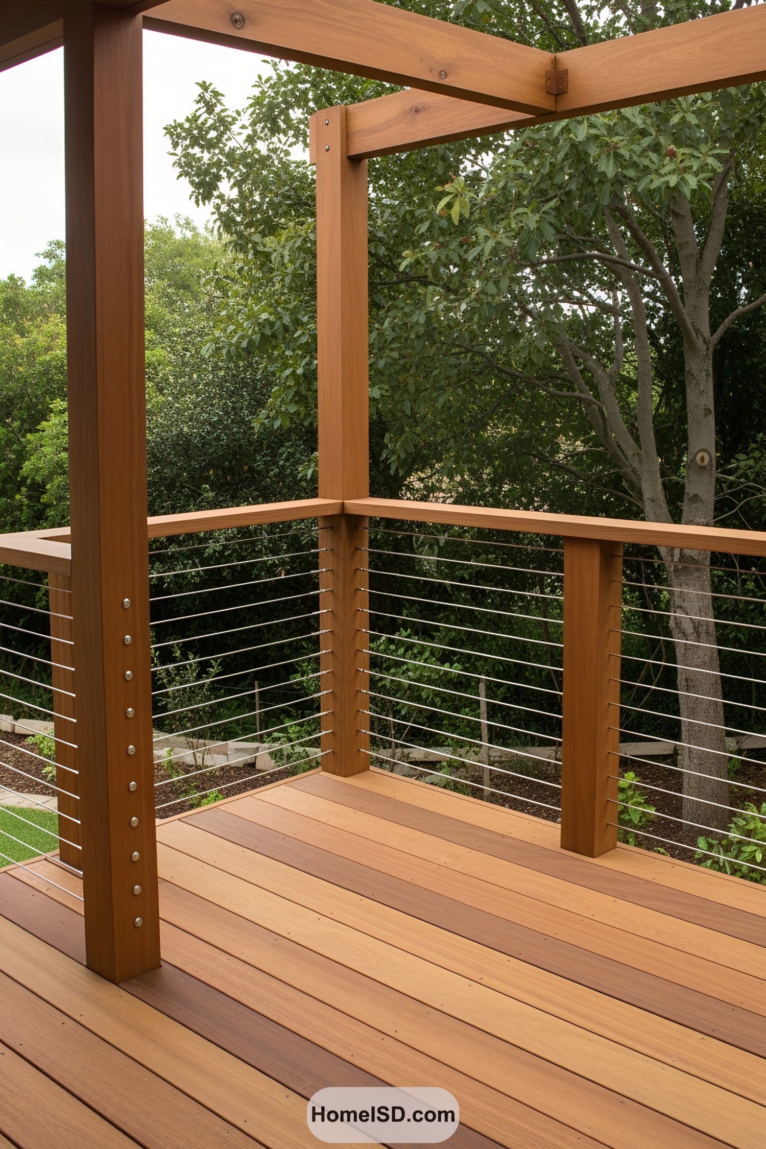 Wooden deck with wire railing and lush greenery